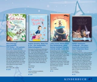 47kinderbuch
Sophie Kinsella, Mami Fee
& ich – Die zauberhafte
Geburtstagsparty
Die Junior-Fee Ella kann nicht abwar-
ten, endlich richtig zaubern zu dür-
fen – so wie ihre Mami! Aber erst mal
muss Ella sich darum kümmern,
dass sie und Mami nicht für immer
Affengestalt behalten und dass der
neue magische Kleiderschrank nicht
so viel Unsinn baut. Bei all der Pla-
ckerei wäre doch ein Pool voller Va-
nille-Eis eine schöne Abkühlung …
ups!
Ab 6 Jahren.
120 S. | cbj
€ 12,–
Auch als Hörbuch erhältlich:
1 h 15 | cbj audio
€ 9,99
Nina Petrick,
Vera Schmidt
Lilli Kolibri – Die geheim-
nisvolle Zauberblume
Eines nachts träumt Lilli Kolibri von
einem geheimnisvollen Schatz. Bei
der Zauberblume am Wasserfall mit-
ten im Dschungel soll er versteckt
sein. Doch war das wirklich nur ein
Traum? Zusammen mit ihren Freun-
den Polly und Ernesto bricht Lilli
auf, um die Zauberblume zu suchen.
Am Ende finden die drei etwas viel
Wertvolleres als einen Schatz!
Ab 6 Jahren.
80 S., farb. Abb. | Loewe
€ 8,95
Julie Leuze, Astrid Henn
Das Rumpelding, seine
kleinen mutigen Freunde
und die große, weite Welt
Rumpelding ist das rumpelige Haus-
tier eines Zauberers. Ob es wohl
noch mehr Rumpeldinger dort drau-
ßen gibt, in der großen, weiten Welt,
fragt sich Rumpelding? Und so
macht sich Rumpelding auf den
Weg, um die Antwort zu finden.
Zusammen mit seinem Freund Oink
zieht er aus in die große, weite Welt.
Sie finden neue Freunde – und eine
überraschende Antwort.
Ab 5 Jahren.
128 S. | Carlsen
€ 12,–
Torben Kuhlmann
Lindbergh – Die aben-
teuerliche Geschichte
einer fliegenden Maus
Deutsch - Englisch
In Hamburg lebt eine außergewöhnli-
che kleine Maus. Eines Tages bemerkt
sie, dass es gefährlich geworden ist,
da wo sie wohnt. Überall lauern Mau-
sefallen und Feinde. Nach und nach
verschwinden ihre Mäusefreunde.
Aber wohin sind sie geflüchtet? Nach
Amerika? Die Geschichte der kleinen
Maus, die nach Amerika fliegen will,
ist längst ein Kinderbuchklassiker.
Jetzt liegt sie als zweisprachige Aus-
gabe in sieben Sprachversionen vor …
Ab 6 Jahren.
96 S. | Hueber
€ 20,–
 