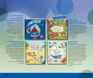 52
Erwin Grosche
Swoosh!
Mein fabelhaftes
Tier-Verwandlungsbuch
Fühler oder Bein – was kann das
sein? Stell alles auf den Kopf:
Einfach an den Scheiben drehen
und »Swoosh!« wird aus dem
Flamingo ein Marienkäfer!
Ein gereimtes Mitmach-Buch mit
Drehscheiben und verblüffenden
Verwandlungen zum Spielen,
Staunen und Lachen.
Ab 1 Jahr.
12 S., farb. Abb. | Coppenrath
€ 15,–
Constanze Schargan,
Frauke Nahrgang
Sachen suchen, Sachen
hören: Auf dem Bauernhof
Das erste »Sachen suchen«-Buch mit
Bauernhofgeräuschen! Wie klingen
Kuh, Hund oder Traktor? Auf jeder
Seite erklingt ein anderes Geräusch.
Zusätzlich laden viele kleine
Motive zum genauen Hinsehen
und Wiederentdecken in den
großen Suchbildern ein.
Ab 18 Monaten.
12 S., farb. Abb. | Ravensburger
€ 12,99
Susie Brooks,
Dawn Cooper
Im Reich der Meerestiere
Was passiert, wenn eine Gruppe
Orcas und ein Weißer Hai um Beute
streiten, und wie lang werden die
Tentakel einer Feuerqualle? Dawn
Cooper fängt die spannendsten Mo-
mente ein und schult das Auge für
den Reichtum und die Schönheit der
Natur. Die wertvolle Ausstattung und
die kurzen, informativen Sachtexte
machen dieses Buch zu einem blei-
benden Schatz im Buchregal.
Ab 5 Jahren.
64 S., farb. Abb. | KOSMOS
€ 19,99
Sam Taplin
Klänge der Natur –
Was hörst du im Wald?
Was raschelt da im Unterholz?
Wer pickt lautstark Löcher in die
Bäume? Wer summt fröhlich umher?
Zehn Naturklänge erwecken den
Wald auf faszinierende Weise zum
Leben. Mit praktischer Ein- und
Ausschaltfunktion.
Ab 3 Jahren.
10 S. | Usborne
€ 14,95
erscheint am 26.10.18
 