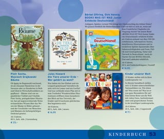 53kinderbuch
Piotr Socha,
Wojciech Grajkowski
Bäume
Ob üppig im Regenwald wachsend,
ob als einsamer Baumriese in der
Savanne oder zu Hunderten in Reih
und Glied in Wirtschaftswäldern an-
gepflanzt – Bäume sind von un-
glaublicher Vielfalt und Vitalität.
Piotr Socha, preisgekrönter Illustra-
tor, hat auf augenzwinkernde Weise
erstaunliches Wissen über das We-
sen der Bäume in Bilder gebannt –
und der Geschichte von Menschen
und Bäumen ein farbenprächtiges
Denkmal gesetzt.
Ab 5 Jahren.
80 S., farb. Abb. | Gerstenberg
€ 25,–
Jules Howard
Die Tiere unserer Erde –
Wer gehört zu wem?
Was haben ein See-Elefant und ein
Leopard gemeinsam? Inwiefern äh-
neln sich ein Lemur und ein Gorilla?
Und was verbindet einen Pfau mit ei-
nem Truthahn? Wunderschöne Illus-
trationen eröffnen einen bezaubern-
den Blick auf das Tierreich, der
Kinder und Erwachsene gleicherma-
ßen begeistern wird.
Ab 8 Jahren.
80 S., farb. Abb. | moses.
€ 16,95
Bärbel Oftring, Dirk Hennig
BOOKii WAS IST WAS Junior
Entdecke Deutschland!
Antippen, Spielen, Lernen! Wie klingt der Glockenschlag des Kölner Doms?
Wo grasen friedlich die Heidschnucken? Und wie hört es sich an, wenn auf
dem Frankfurter Flughafen ein
Flugzeug startet? Im neuen Band
»BOOKii WAS IST WAS Junior Entde-
cke Deutschland!« erfahren Kinder
ab 4 Jahren anhand von über 900 Hö-
rerlebnissen, informativen Texten,
detaillierten Illustrationen und in-
teraktiven Spielen Spannendes über
Sehenswürdigkeiten und Feste, Poli-
tik und Gesetzgebung, Natur und
Tierwelt in Deutschland. Auch als
Starter-Set mit BOOKii-Hörstift,
Etui und Ladekabel erhältlich.
Ab 4 Jahren.
20 S. mit Entdeckerklappen | Tessloff
€ 16,95
Kinder unserer Welt
12 Kinder stellen sich in ihrer
Landessprache vor
In diesem Soundbuch stellen
sich 12 Kinder unterschiedlicher
Nationalitäten vor. Wie leben
sie? Was essen sie? Was ist et-
was ganz Besonderes für sie?
Eine kleine Reise um die Welt
mit vielen Fotos, Sachinformati-
onen und gesprochenen Texten
in der jeweiligen Landessprache.
Ab 6 Jahren.
24 S., farb. Abb. | Coppenrath
€ 17,–
 