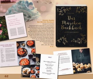 62
Christin Geweke
Das Märchen-Backbuch
Rezepte & Geschichten
Zauberhafte Backrezepte laden zu einer kulinari-
schen Märchenreise ein, die uns auf Knusperpfaden
in verschneite Puderzuckerwelten entführt. Das
Buch präsentiert, neben ausgewählten Rezepten,
fünf Märchen der Gebrüder Grimm, die das Warten
auf die erste Kostprobe verkürzen, wenn der köstli-
che Duft der Bratapfel-Tarte-Tartin schon das Haus
erfüllt. Marmorierter Käsekuchen mit rosenroter
Fruchtsoße und goldene Macadamia-Cupcakes
lassen uns von magischen Märchenwäldern
träumen und hätten garantiert sogar
der Prinzessin auf der Erbse
bestens geschmeckt.
208 S., farb. Abb. | Hölker
€ 30,–
 