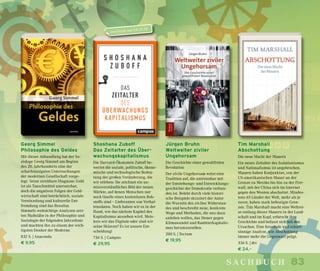 83sachbuch
Georg Simmel
Philosophie des Geldes
Mit dieser Abhandlung hat der So-
ziologe Georg Simmel am Beginn
des 20. Jahrhunderts eine der
scharfsinnigsten Untersuchungen
der modernen Gesellschaft vorge-
legt. Seine streitbare Diagnose: Geld
ist als Tauschmittel unersetzbar,
doch die negativen Folgen der Geld-
wirtschaft sind beträchtlich, soziale
Vereinzelung und kulturelle Ent-
fremdung sind das Resultat.
Simmels weitsichtige Analysen setz-
ten Maßstäbe in der Philosophie und
Soziologie der folgenden Jahrzehnte
und machten ihn zu einem der wich-
tigsten Denker der Moderne.
832 S. | Anaconda
€ 9,95
Shoshana Zuboff
Das Zeitalter des Über-
wachungskapitalismus
Die Harvard-Ökonomin Zuboff be-
wertet die soziale, politische, ökono-
mische und technologische Bedeu-
tung der großen Veränderung, die
wir erleben: Sie zeichnet ein un-
missverständliches Bild der neuen
Märkte, auf denen Menschen nur
noch Quelle eines kostenlosen Roh-
stoffs sind – Lieferanten von Verhal-
tensdaten. Noch haben wir es in der
Hand, wie das nächste Kapitel des
Kapitalismus aussehen wird. Meis-
tern wir das Digitale oder sind wir
seine Sklaven? Es ist unsere Ent-
scheidung!
736 S. | Campus
€ 29,95
Jürgen Bruhn
Weltweiter ziviler
Ungehorsam
Die Geschichte einer gewaltfreien
Revolution
Der zivile Ungehorsam weist eine
Tradition auf, die untrennbar mit
der Entstehungs- und Entwicklungs-
geschichte der Demokratie verbun-
den ist. Belebt durch viele histori-
sche Beispiele skizziert der Autor
die Wurzeln des zivilen Widerstan-
des und beschreibt neue, konkrete
Wege und Methoden, die uns dazu
anleiten wollen, das Steuer gegen
Klimawandel und Raubtierkapitalis-
mus herumzureißen.
200 S. | Tectum
€ 19,95
Tim Marshall
Abschottung
Die neue Macht der Mauern
Ein neues Zeitalter des Isolationismus
und Nationalismus ist angebrochen.
Mauern haben Konjunktur, von der
US-amerikanischen Mauer an der
Grenze zu Mexiko bis hin zu der Fire-
wall, mit der China sich im Internet
gegen den Westen abschottet. Mindes-
tens 65 Länder der Welt, mehr als je
zuvor, haben stark befestigte Gren-
zen. Tim Marshall macht eine Weltrei-
se entlang dieser Mauern in der Land-
schaft und im Kopf, erforscht ihre
Geschichte und befasst sich mit den
Ursachen. Eine fesselnde und scharf-
sinnige Analyse, wie Abschottung
immer mehr die Gegenwart prägt.
336 S. | dtv
€ 24,–
erscheint am 04.10.18
 