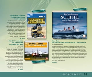 97motorwelt
Joachim M. Köstnick
DMAX Gigantische
Baumaschinen
Die Motorisierung der Welt hat in
den letzten mehr als hundert Jahren
nicht nur die Bereiche Verkehr,
Land- und Forstwirtschaft revolutio-
niert, sondern auch das Baugewerbe.
Joachim M. Köstnick geht in diesem
DMAX-Buch all diesen speziellen
Gerätschaften nach, stellt die wich-
tigsten Marken und Modelle vor,
erklärt, wie sie funktionieren und
wo sie zum Einsatz kommen.
224 S., farb. Abb. | Motorbuch
€ 14,95
Horst W. Laumanns
Die schnellsten
Flugzeuge der Welt
seit 1945
Wenn es um die schnellsten Flug-
zeuge der Welt geht, wartet die
Luftfahrt mit faszinierenden Su-
perlativen auf. Man denke nur an
den Mach 3 schnellen US-Aufklä-
rer SR-71 oder die legendäre X-15,
die den bis heute stehenden Rekord
für Flächenflugzeuge hält, mit
atemberaubenden 7.274 km/h.
Selbst Zivilmaschinen waren nahe
oder jenseits der Schallmauer un-
terwegs. Dieser Band brilliert
durch spektakuläre Aufnahmen
und spannende Informationen.
192 S., farb. Abb. | Motorbuch
€ 19,95
Hans Karr
Die berühmtesten Schiffe des 20. Jahrhunderts
Die man kennen muss
Wer denkt bei Schiffen nicht an Freiheit und Abenteuer, Moby Dick
und die Schatzinsel, Titanic und Fluch der Karibik? Seit jeher waren
Schiffe wichtige Transportmittel. Sie ermöglichten die Entdeckung
fremder Kontinente sowie den Kultur- und Warentransfer zwischen
den Völkern. Diese enge Beziehung zwischen Mensch und Schiff führ-
te zu imponierenden Höchstleistungen im Schiffbau. Dieser Band von
Hans Karr versammelt die berühmtesten Schiffe des 20. Jahrhunderts
und beschreibt ihre technischen Besonderheiten. Anekdoten aus den
oft »spektakulären« Lebensläufen der Schiffe runden die Porträts
unterhaltsam ab.
192 S., farb. Abb. | Pietsch
€ 29,90
erscheint am 25.10.18
erscheint am 25.10.18
erscheint am 25.10.18
 