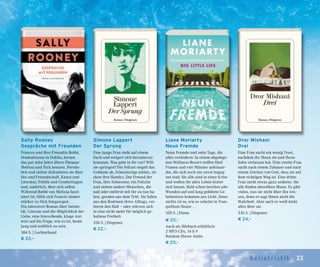 23Belletr ist ik
Liane Moriarty
Neun Fremde
Neun Fremde und zehn Tage, die
alles verändern: In einem abgelege-
nen Wellness-Resort treffen fünf
Frauen und vier Männer aufeinan-
der, die sich noch nie zuvor begeg-
net sind. Sie alle sind in einer Krise
und wollen ihr altes Leben hinter
sich lassen. Bald schon brechen alte
Wunden auf und lang gehütete Ge-
heimnisse kommen ans Licht. Denn
nichts ist so, wie es scheint in Tran-
quillum House …
528 S. | Diana
€ 20,–
Auch als Hörbuch erhältlich:
2 MP3-CDs, 14 h 9
Random House Audio
€ 20,–
Sally Rooney
Gespräche mit Freunden
Frances und ihre Freundin Bobbi,
Studentinnen in Dublin, lernen
das gut zehn Jahre ältere Ehepaar
Melissa und Nick kennen. Persön-
lich und online diskutieren sie über
Sex und Freundschaft, Kunst und
Literatur, Politik und Genderfragen
und, natürlich, über sich selbst.
Während Bobbi von Melissa faszi-
niert ist, fühlt sich Francis immer
stärker zu Nick hingezogen …
Ein intensiver Roman über Intimi-
tät, Untreue und die Möglichkeit der
Liebe, eine hinreißende, kluge Ant-
wort auf die Frage, wie es ist, heute
jung und weiblich zu sein.
384 S. | Luchterhand
€ 20,–
Simone Lappert
Der Sprung
Eine junge Frau steht auf einem
Dach und weigert sich herunterzu-
kommen. Was geht in ihr vor? Will
sie springen? Die Polizei riegelt das
Gebäude ab, Schaulustige johlen, zü-
cken ihre Handys. Der Freund der
Frau, ihre Schwester, ein Polizist
und sieben andere Menschen, die
nah oder entfernt mit ihr zu tun ha-
ben, geraten aus dem Tritt. Sie fallen
aus den Routinen ihres Alltags, ver-
lieren den Halt – oder stürzen sich
in eine nicht mehr für möglich ge-
haltene Freiheit.
336 S. | Diogenes
€ 22,–
Dror Mishani
Drei
Eine Frau sucht ein wenig Trost,
nachdem ihr Mann sie und ihren
Sohn verlassen hat. Eine zweite Frau
sucht nach einem Zuhause und nach
einem Zeichen von Gott, dass sie auf
dem richtigen Weg ist. Eine dritte
Frau sucht etwas ganz anderes. Sie
alle finden denselben Mann. Es gibt
vieles, was sie nicht über ihn wis-
sen, denn er sagt ihnen nicht die
Wahrheit. Aber auch er weiß nicht
alles über sie.
336 S. | Diogenes
€ 24,–
 