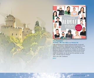 29Belletr ist ik
Ilka Peemöller
Heimat – Wo das Herz zu Hause ist
Jeder Mensch hat seine eigene Heimatgeschichte. Sie hat mit
Identität, Vertrautheit, Zugehörigkeit und Geborgenheit zu tun.
Hier erzählen u.a. Udo Lindenberg, Wotan Wilke Möhring,
Barbara Becker und Maite Kelly, was »Heimat« für sie bedeutet.
Emotional, ehrlich und unterhaltsam schildern sie ihre Erinne-
rungen und Erlebnisse. Jeder Einzelne ist Teil unserer Gesell-
schaft. Der Gedanke, der sie alle eint: Wir sind bunt, wir sind
viele – und hier sind wir Zuhause!
256 S., farb. Abb. | Goldmann
€ 16,–
 