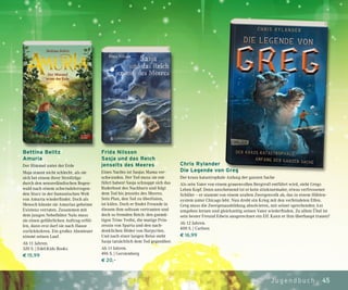 45Jugendbuch
Chris Rylander
Die Legende von Greg
Der krass katastrophale Anfang der ganzen Sache
Als sein Vater von einem grauenvollen Bergtroll entführt wird, steht Gregs
Leben Kopf. Denn anscheinend ist er kein stinknormaler, etwas verfressener
Schüler – er stammt von einem uralten Zwergenvolk ab, das in einem Höhlen-
system unter Chicago lebt. Nun droht ein Krieg mit den verfeindeten Elfen.
Greg muss die Zwergenausbildung absolvieren, mit seiner sprechenden Axt
umgehen lernen und gleichzeitig seinen Vater wiederfinden. Zu allem Übel ist
sein bester Freund Edwin ausgerechnet ein Elf. Kann er ihm überhaupt trauen?
Ab 12 Jahren.
400 S. | Carlsen
€ 16,99
Bettina Belitz
Amuria
Der Himmel unter der Erde
Maja staunt nicht schlecht, als sie
sich bei einem ihrer Streifzüge
durch den neuseeländischen Regen-
wald nach einem schwindelerregen-
den Sturz in der fantastischen Welt
von Amuria wiederfindet. Doch als
Mensch könnte sie Amurias geheime
Existenz verraten. Zusammen mit
dem jungen Nebelhüter Nalu muss
sie einen gefährlichen Auftrag erfül-
len, dann erst darf sie nach Hause
zurückkehren. Ein großes Abenteuer
nimmt seinen Lauf.
Ab 11 Jahren.
320 S. | Edel:Kids Books
€ 15,99
Frida Nilsson
Sasja und das Reich
jenseits des Meeres
Eines Nachts ist Sasjas Mama ver-
schwunden. Der Tod muss sie ent-
führt haben! Sasja schnappt sich das
Ruderboot des Nachbarn und folgt
dem Tod bis jenseits des Meeres.
Sein Plan, den Tod zu überlisten,
ist kühn. Doch er findet Freunde in
diesem ihm seltsam vertrauten und
doch so fremden Reich: den gutmü-
tigen Trine Tvefot, die mutige Prin-
zessin von Sparta und den nach-
denklichen Höder von Harpyrien.
Und nach einer langen Reise steht
Sasja tatsächlich dem Tod gegenüber.
Ab 11 Jahren.
496 S. | Gerstenberg
€ 20,–
 