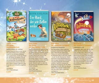 49Kinderbuch
Judith Allert
Die wilde
Baumhausschule
Raubtierzähmen für Anfänger
So hat Greta sich ihren ersten Tag in
der neuen Schule nicht vorgestellt.
Kaum ist sie auf ihrem Elefanten
dort angekommen, kracht eine Wand
ein. Die Klasse ist entsetzt. Wo sol-
len sie jetzt bloß hin? Greta kommt
eine geniale Idee: Sie könnten den
Unterricht doch einfach in den Zoo
ihrer Eltern verlegen! Blöd nur, dass
da gerade zwei Krokodile ausgebüxt
sind …
Ab 8 Jahren.
192 S. | Ravensburger
€ 9,99
Eoin Colfer
Der Hund,
der sein Bellen verlor
Patrick wünscht sich schon so lange
er denken kann einen Hund. Als sei-
ne Mutter und er im Sommer seinen
Großvater besuchen, ist es endlich
so weit: Patrick darf sich im Tier-
heim einen Hund aussuchen.
Der kleine Welpe Oz hat in seinem
kurzen Hundeleben schon schlechte
Erfahrungen mit Menschen ge-
macht. Dennoch spürt er, dass ihn
mit Patrick eine besondere Freund-
schaft verbindet.
Ab 8 Jahren.
142 S., farb. Abb.
Orell Füssli Kinderbuch
€ 12,95
Nick Bliss
Der magische Lunapark
Im Reich der Dinosaurier
Die Wasserfahrt »Dino-Land« im
Lunapark macht ihrem Namen alle
Ehre, denn mit ihr reisen Felix,
Olivia, Luca und der Hund Robin
65 Millionen Jahre in der Zeit zurück
– in die Ära der Dinosaurier. Gleich
nach ihrer ersten Begegnung mit ei-
nem riesigen Diplodocus wird Robin
von einem fliegenden Pteranodon
entführt. Natürlich nehmen die
Kinder die Verfolgung auf. Ein Wett-
lauf gegen die Zeit, denn sie müssen
Robin retten und den Schlüssel fin-
den, bevor der Vulkan ausbricht!
Ab 8 Jahren.
128 S. | Edel:Kids Books
€ 8,99
Nick Bliss
Der magische Lunapark
Achterbahn ins All
Unglaublich, aber wahr: Bei der Pro-
befahrt mit der Achterbahn »Star
Trax« werden Felix, Olivia und Luca
direkt ins Weltall katapultiert. Nach-
dem sie um ein Haar eine Bruchlan-
dung auf dem Mond hingelegt haben,
treffen sie auf einen Astronauten,
der ihnen ein kniffliges Rätsel stellt.
Nur wenn die Kinder es lösen und
den Schlüssel finden, können sie
zurückkehren
Ab 8 Jahren.
128 S. | Edel:Kids Books
€ 8,99
 