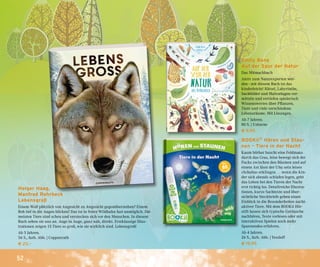52
Holger Haag,
Manfred Rohrbeck
Lebensgroß
Einem Wolf plötzlich von Angesicht zu Angesicht gegenüberstehen? Einem
Reh tief in die Augen blicken? Das ist in freier Wildbahn fast unmöglich. Die
meisten Tiere sind scheu und verstecken sich vor den Menschen. In diesem
Buch sehen sie uns an. Auge in Auge, ganz nah, direkt. Erstklassige Illus-
trationen zeigen 15 Tiere so groß, wie sie wirklich sind. Lebensgroß!
Ab 5 Jahren.
56 S., farb. Abb. | Coppenrath
€ 20,–
Emily Bone
Auf der Spur der Natur
Das Mitmachbuch
Aktiv zum Naturexperten wer-
den - mit diesem Buch ist das
kinderleicht! Rätsel, Labyrinthe,
Suchbilder und Malvorlagen ver-
mitteln und vertiefen spielerisch
Wissenswertes über Pflanzen,
Tiere und viele verschiedene
Lebensräume. Mit Lösungen.
Ab 7 Jahren.
80 S. | Usborne
€ 9,95
BOOKii®
Hören und Stau-
nen – Tiere in der Nacht
Kaum hörbar huscht eine Feldmaus
durch das Gras, leise bewegt sich der
Fuchs zwischen den Bäumen und auf
einem Ast lässt der Uhu sein leises
»Schuhu« erklingen … wenn die Kin-
der sich abends schlafen legen, geht
das Leben bei den Tieren der Nacht
erst richtig los. Detailreiche Illustra-
tionen, kurze Sachtexte und über-
sichtliche Steckbriefe geben einen
Einblick in die Besonderheiten nacht-
aktiver Tiere. Mit dem BOOKii Hör-
stift lassen sich typische Geräusche
nachhören, Texte vorlesen oder mit
interaktiven Spielen noch mehr
Spannendes erfahren.
Ab 4 Jahren.
26 S., farb. Abb. | Tessloff
€ 19,95
 