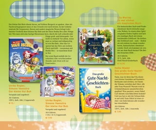 54
Ulrike Rogler,
Simone Veenstra
Der kleine Hui Buh
Verspukt und zugehext!
Ab 5 Jahren.
128 S., farb. Abb. | Coppenrath
€ 13,–
Ulrike Rogler,
Simone Veenstra
Der kleine Hui Buh
Verspukt und zugehext!
Ab 4 Jahren.
1 CD, 1 h 5 | Coppenrath
€ 7,99
Der kleine Hui Buh träumt davon, auf Schloss Burgeck zu spuken. Aber als
Nachwuchsgespenst muss er das Gruseln erst noch lernen. In der Geheim-
zentrale für Gespenster, Hexen und andere magische Wesen bringt Lehr-
meister Frederik dem kleinen Hui Buh und der Hexe Hedda Hex alles Nötige
bei: Wie man sich eine lustige Riesennase hext, durch die Luft schwebt oder
Dinge groß- und kleinspukt. Gar
nicht so einfach! Vor allem, wenn
man so vorlaut und tollpatschig
ist wie Hui Buh. Aber das Ge-
spenst hat das Herz am rechten
Fleck und hilft – zusammen mit
Hedda Hex – so manchem Kind
in Not.
Der erste Band enthält die Ge-
schichten »Die verschwundene
Stunde« und »Sven will zur
Feuerwehr«.
Lily Murray
Es war einmal
ein magisches Buch
Ein fantastisches Such-und-Finde-
Abenteuer durch dreizehn magi-
sche Welten: In einem alten Spiel-
zeugladen finden Sophie und Jack
ein staubiges Buch mit einem
leuchtenden Schlüssel. Sie drehen
den Schlüssel und – zack – finden
sie sich mitten in einem wunder-
baren, fantastischen Abenteuer
wieder. Doch wie kommen sie wie-
der aus dem Buch heraus? Die Bei-
den brauchen Hilfe …
Ab 6 Jahren.
32 S., farb. Abb.
Orell Füssli Kinderbuch
€ 14,95
Heike Nieder
Das große Gute-Nacht-
Geschichten-Buch
Nanu, was ist denn das? Da sitzen
zwei kleine Gestalten auf Kasimirs
Bettkante und streiten, wer heute
die Träume verteilen darf: Herr Alb
oder Frau Wunsch? Warum wird in
Grimmelshausen ununterbrochen
gegähnt? Was passiert, wenn Onkel
Carl abends zum Babysitten kommt?
Und was hat es mit der Schnarchdo-
se auf sich? Zum Glück ist eines si-
cher: Am Ende können alle wunder-
bar einschlafen.
Ab 4 Jahren.
128 S., farb. Abb. | Anaconda
€ 7,95
 