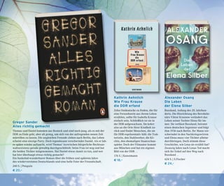 6
Gregor Sander
Alles richtig gemacht
Thomas und Daniel kommen aus Rostock und sind noch jung, als es mit der
DDR zu Ende geht, aber alt genug, um sich von der aufregenden neuen Zeit
mitreißen zu lassen. Die ungleichen Freunde ziehen nach Berlin, das Leben
scheint eine einzige Party. Doch irgendwann verschwindet Daniel. Als er Jah-
re später wieder auftaucht, wird Thomas’ inzwischen bürgerliche Rechtsan-
waltsexistenz gerade gewaltig durchgeschüttelt: Seine Frau ist weg und hat
die beiden Töchter mitgenommen. Hat Daniel etwas damit zu tun, und wer
hat hier überhaupt etwas richtig gemacht?
Ein funkelnd-wunderbarer Roman über die frühen und späteren Jahre
des wiedervereinten Deutschlands und eine helle Feier der Freundschaft.
240 S. | Penguin
€ 20,–
Kathrin Aehnlich
Wie Frau Krause
die DDR erfand
Zehn Ostdeutsche zu finden, die für
eine Fernsehserie aus ihrem Leben
erzählen, sollte für Isabella Krause
einfach sein. Schließlich ist sie in
der DDR aufgewachsen. Sie kehrt
also an die Orte ihrer Kindheit zu-
rück und findet Menschen, die sie
für DDR-repräsentativ hält: die Trak-
toristin, den Stahlwerker, die Kö-
chin, den ehemaligen Staatsschau-
spieler. Doch der Filmautor kommt
aus München und hat ein eigenes
Bild von der DDR …
176 S. | Kunstmann
€ 18,–
Alexander Osang
Die Leben
der Elena Silber
Russland, Anfang des 20. Jahrhun-
derts. Die Hinrichtung des Revolutio-
närs Viktor Krasnow verändert das
Leben seiner Tochter Elena für im-
mer. Sie verlässt Russland, heiratet
einen deutschen Ingenieur und folgt
ihm 1936 nach Berlin. Ihr Mann ver-
schwindet in den Nachkriegswirren
und Elena muss vier Töchter alleine
durchbringen. Doch stimmt diese
Geschichte, wie Lena sie erzählt hat?
Zwanzig Jahre nach Lenas Tod macht
sich ihr Enkel auf den Weg nach
Russland …
624 S. | S.Fischer
€ 24,–
 