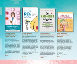 71Mit ten im Leben
Andrea Flemmer
Der Anti-Krebs-Ratgeber
Krebsrisiko senken – Warnsignale
erkennen – Alle Heilungschancen
nutzen
Obwohl heutzutage mehr als die
Hälfte der Patienten auf eine dauer-
hafte Heilung hoffen können, emp-
finden sie zunächst Hoffnungslosig-
keit und fühlen sich unheilbar
krank. Ein Patentrezept für ein Le-
ben ohne Krebs gibt es nicht, aber
mit Vorsorge und Früherkennungs-
untersuchungen lässt sich das Risi-
ko signifikant senken. Was die For-
schung heute darüber weiß, hat Dr.
Andrea Flemmer in diesem Ratgeber
verständlich zusammengefasst.
184 S. | Humboldt
€ 19,99
Martin Wilhelmi
Der Po-Doc
Eine spannende Expedition zum
Ende des Darms
Dieses unterhaltsame und informati-
ve Lesebuch nimmt Sie mit auf eine
Reise zu einer geheimen Stelle, über
die man selten spricht. Dabei klärt
sich so manche Frage: Wie funktio-
niert der Anus und wofür brauchen
wir ihn überhaupt? Wie schmeckt der
Anus? Was isst er? Was lebt am Ende
des Darms in unserem Po? Was
kommt raus und was darf rein?
Wie halten wir Po und Anus fit?
Auf das und mehr hat Po-Doc Martin
Wilhelmi eine Antwort.
336 S. | TRIAS
€ 17,99
Christian Jessen
Die 200 häufigsten
Fragen an Ärzte
hilfreich, tabufrei,
unterhaltsam beantwortet
Ärzte sind bekanntlich immer im
Dienst – und werden von Leuten be-
lagert, die »nur mal eben eine Frage«
haben. Dr. Christian Jessen hat über
200 Fragen gesammelt, die Medizi-
nern am häufigsten gestellt werden.
Herausgekommen ist ein informati-
ves Handbuch, das auf unterhaltsa-
me Weise gängige Medizinirrtümer
korrigiert und für viele gesundheit-
liche Probleme schnellen Rat weiß.
272 S. | Anaconda
€ 7,95
Sonja Marschall
Lotte und die Chemo-
Männchen
Doktor Heilmann schickt Lotte ins
Krankenhaus: In ihrem Blut hat er
schwarze Steinchen entdeckt, die
schnell wieder verschwinden müs-
sen. Im Krankenhaus erfährt sie viel
über die klitzekleinen Bausteine in
ihrem Körper und über die Chemo-
Männchen, die wegräumen, was da
nicht hingehört. Als Lotte endlich
mit der ganzen Familie und ihren
Freunden feiern kann, dass sie wie-
der gesund ist, hat sie viel über das
Leben gelernt.
Ab 3 Jahren.
40 S., farb. Abb. | Patmos
€ 14,–
 