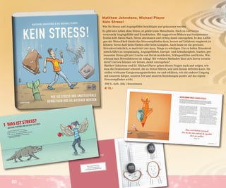 80
Matthew Johnstone, Michael Player
Kein Stress!
Wie Sie Stress und Angstgefühle bewältigen und gelassener werden
Es gibt kein Leben ohne Stress, er gehört zum Menschsein. Doch zu viel Stress
verursacht Angstgefühle und Krankheiten. Mit suggestiven Bildern und kompetenten
Texten hilft dieses Buch, Stress abzubauen und richtig damit umzugehen. In den Anfän-
gen der Menschheit diente das Stressempfinden dazu, besser auf Gefahren reagieren zu
können: Stress half beim Fliehen oder beim Kämpfen. Auch heute ist ein gewisses
Stresslevel nützlich, es motiviert uns dazu, Dinge zu erledigen. Ein zu hohes Stresslevel
jedoch führt zu Anspannung, Angstgefühlen, Energie- und Schlaflosigkeit. Starker, per-
manenter Stress gilt als Ursache von Herzkrankheiten, Schlaganfällen und Krebs. Wie
erkennt man Stressfaktoren im Alltag? Mit welchen Methoden lässt sich Stress vermin-
dern? Und wie können wir lernen, damit umzugehen?
Matthew Johnstone und Dr. Michael Player gehen diesen Fragen nach und zeigen, wie
man die Denkmuster erkennt, die zu Stress führen, und sich daraus befreien kann. Sie
stellen wirksame Entspannungsmethoden vor und erklären, wie ein anderer Umgang
mit unserem Körper, unserer Zeit und unseren Beziehungen positiv auf das eigene
Stressempfinden wirkt.
208 S., farb. Abb. | Kunstmann
€ 18,–
 