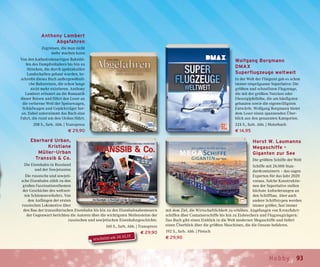 93Hobby
Wolfgang Borgmann
DMAX
Superflugzeuge weltweit
In der Welt der Fliegerei gab es schon
immer einprägsame Superlative: Die
größten und schnellsten Flugzeuge,
die mit der größten Nutzlast oder
Dienstgipfelhöhe, die am häufigsten
gebauten sowie die eigenwilligsten
Entwürfe. Wolfgang Borgmann bietet
dem Leser einen spannenden Über-
blick aus den genannten Kategorien.
224 S., farb. Abb. | Motorbuch
€ 14,95
Anthony Lambert
Abgefahren
Zugreisen, die man nicht
mehr machen kann
Von den kathedralenartigen Bahnhö-
fen des Dampfzeitalters bis hin zu
Strecken, die durch spektakuläre
Landschaften gebaut wurden, be-
schreibt dieses Buch außergewöhnli-
che Bahnreisen, die schon lange
nicht mehr existieren. Anthony
Lambert erinnert an die Romantik
dieser Reisen und führt den Leser an
die verlorene Welt der Speisewagen,
Schlafwagen und Gepäckträger her-
an. Dabei unternimmt das Buch eine
Fahrt, die rund um den Globus führt.
208 S., farb. Abb. | Transpress
€ 29,90
Horst W. Laumanns
Megaschiffe –
Giganten zur See
Die größten Schiffe der Welt
Schiffe mit 24.000 Stan-
dardcontainern – das sagen
Experten für das Jahr 2020
voraus. Solche Konstruktio-
nen der Superlative stellen
höchste Anforderungen an
den Schiffbau. Aber auch
andere Schiffstypen werden
immer größer, fast immer
mit dem Ziel, die Wirtschaftlichkeit zu erhöhen. Angefangen von Kreuzfahrt-
schiffen über Containerschiffe bis hin zu Eisbrechern und Flugzeugträgern:
Das Buch gibt einen Einblick in die Welt moderner Megaschiffe und liefert
einen Überblick über die größten Maschinen, die die Ozeane befahren.
192 S., farb. Abb. | Pietsch
€ 29,90erscheint am 24.10.19
Eberhard Urban,
Kristiane
Müller-Urban
Transsib & Co.
Die Eisenbahn in Russland
und der Sowjetunion
Die russische und sowjeti-
sche Eisenbahn zählt zu den
großen Faszinationsthemen
der Geschichte des weltwei-
ten Schienenverkehrs. Von
den Anfängen der ersten
russischen Lokomotive über
den Bau der transsibirischen Eisenbahn bis hin zu den Eisenbahnabenteuern
der Gegenwart berichten die Autoren über die wichtigsten Meilensteine der
russischen und sowjetischen Eisenbahngeschichte.
160 S., farb. Abb. | Transpress
€ 29,90
 