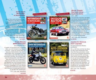 94
erscheint am 24.10.19
Achim Gaier
Motorräder
in Deutschland
1970 - 2000
In den 70ern noch als Rowdies abge-
stempelt, in den 80ern moderne
Trendsetter und seit den 90ern in der
Mitte der Gesellschaft angekommen,
sind Motorradfahrer und ihre enge
Bindung an Marken und Modelle ein
wesentlicher Teil der deutschen Mobi-
litätsgeschichte. Im Stil der enzyklo-
pädischen Oswald-Automobilbände
gibt der Autor einen lückenlosen Über-
blick über alle in Deutschland angebo-
tenen Motorräder jener Jahrzehnte.
352 S., farb. Abb. | Motorbuch
€ 39,90
Frank Rönicke
BMW-Motorräder
Die Jahrhundert-Story
Es gehört viel gestalterisches Feingefühl
dazu, aus zwei Zylindern eine Legende
zu formen – genau das gelang BMW, der
deutschen Edelschmiede. Seit 1923 im
Motorradbau tätig, entstanden vor allem
in den Jahren nach 1945 Motorräder, die
Geschichte schrieben. Mit seinem vielfäl-
tigen Produktportfolio steht BMW heute
mehr denn je für eine einzigartige Er-
folgsstory mit Stück- und Absatzzahlen,
die eigentlich nur eine Richtung kennen:
steil nach oben. Die überarbeitete und ak-
tualisierte Neuauflage von Frank Rönicke
erzählt diese Jahrhundert-Story von ih-
rem Anbeginn bis heute und visualisiert
sie mit über 600 Abbildungen.
272 S., farb. Abb. | Motorbuch
€ 29,90
Werner Oswald,
Eberhard Kittler
Deutsche Autos
1975 - 2000
Als krönender Abschluss der Reihe
von Werner Oswald erscheint die
komplett überarbeitete Neuauflage
des Klassikers zur deutschen PKW-
Geschichte in komprimierter Form
sowie in moderner, attraktiver Auf-
machung. Mit seinem unnachahm-
lichen Stil und seiner unübertroffe-
nen Sachkenntnis erzählt der Autor
in seinem dritten Band die Ge-
schichte der deutschen Automobil-
industrie ab Mitte der 1970er Jahre
bis zur Jahrtausendwende.
380 S., farb. Abb. | Motorbuch
€ 49,90
Joachim M. Köstnick
Auto-Legenden
Die besten deutschen Marken
und Modelle
Mit ca. 600 Fotos wird hier das Beste
aus über einem Jahrhundert deut-
schen Pkw-Baus präsentiert. Geord-
net nach den wichtigsten Herstellern,
fahren sowohl die Old- und Young-
timer bereits untergegangener Mar-
ken als auch die aktuellen Modelle
vor. Joachim M. Köstnick bietet –
nicht zuletzt dank zahlreicher Fotos
aus den Archiven der Hersteller – ei-
nen spannenden Überblick über die
Geschichte der Automobilhersteller
im deutschsprachigen Raum.
224 S., farb. Abb. | Motorbuch
€ 14,95
erscheint am 28.11.19
 