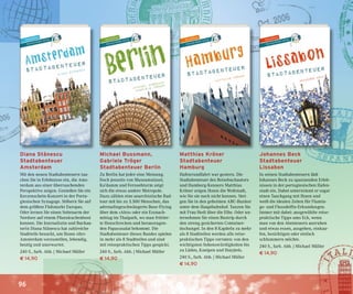 96
Diana Stˇanescu
Stadtabenteuer
Amsterdam
Mit den neuen Stadtabenteuern tau-
chen Sie in Erlebnisse ein, die Ams-
terdam aus einer überraschenden
Perspektive zeigen. Genießen Sie ein
Kerzenschein-Konzert in der Portu-
giesischen Synagoge. Stöbern Sie auf
dem größten Flohmarkt Europas.
Oder lernen Sie einen Seitenarm der
Nordsee auf einem Pfannkuchenboot
kennen. Die Journalistin und Buchau-
torin Diana St ˇanescu hat zahlreiche
Stadtteile besucht, um Ihnen »ihr«
Amsterdam vorzustellen, lebendig,
heutig und unerwartet.
240 S., farb. Abb. | Michael Müller
€ 14,90
Michael Bussmann,
Gabriele Tröger
Stadtabenteuer Berlin
Zu Berlin hat jeder eine Meinung.
Doch jenseits von Museumsinsel,
Ku’damm und Fernsehturm zeigt
sich die etwas andere Metropole.
Dazu zählen eine anarchistische Rad-
tour mit bis zu 3.500 Menschen, das
adrenalingeschwängerte Base-Flying
über dem »Alex« oder ein Essnach-
mittag im Thaipark, wo man frittier-
te Heuschrecken und herausragen-
den Papayasalat bekommt. Die
Stadtabenteuer dieses Bandes spielen
in mehr als 8 Stadtteilen und sind
mit reisepraktischen Tipps gespickt.
240 S., farb. Abb. | Michael Müller
€ 14,90
Matthias Kröner
Stadtabenteuer
Hamburg
Hafenrundfahrt war gestern. Die
Stadtabenteuer des Reisebuchautors
und Hamburg-Kenners Matthias
Kröner zeigen Ihnen die Weltstadt,
wie Sie sie noch nicht kennen. Stei-
gen Sie in den geheimen ABC-Bunker
unter dem Hauptbahnhof. Tanzen Sie
mit Frau Hedi über die Elbe. Oder un-
ternehmen Sie einen Bustrip durch
den streng gesicherten Container-
dschungel. In den 8 Kapiteln zu mehr
als 8 Stadtteilen werden alle reise-
praktischen Tipps verraten: von den
wichtigsten Sehenswürdigkeiten bis
zu Läden, Kneipen und Ho(s)tels.
240 S., farb. Abb. | Michael Müller
€ 14,90
Johannes Beck
Stadtabenteuer
Lissabon
In seinen Stadtabenteuern lädt
Johannes Beck zu spannenden Erleb-
nissen in der portugiesischen Hafen-
stadt ein. Dabei unternimmt er sogar
einen Tauchgang mit Ihnen und
weiß die idealen Zeiten für Flamin-
go- und Flussdelfin-Erkundungen.
Immer mit dabei: ausgewählte reise-
praktische Tipps ums Eck, wenn
man von den Abenteuern ausruhen
und etwas essen, ausgehen, einkau-
fen, besichtigen oder einfach
schlummern möchte.
240 S., farb. Abb. | Michael Müller
€ 14,90
 
