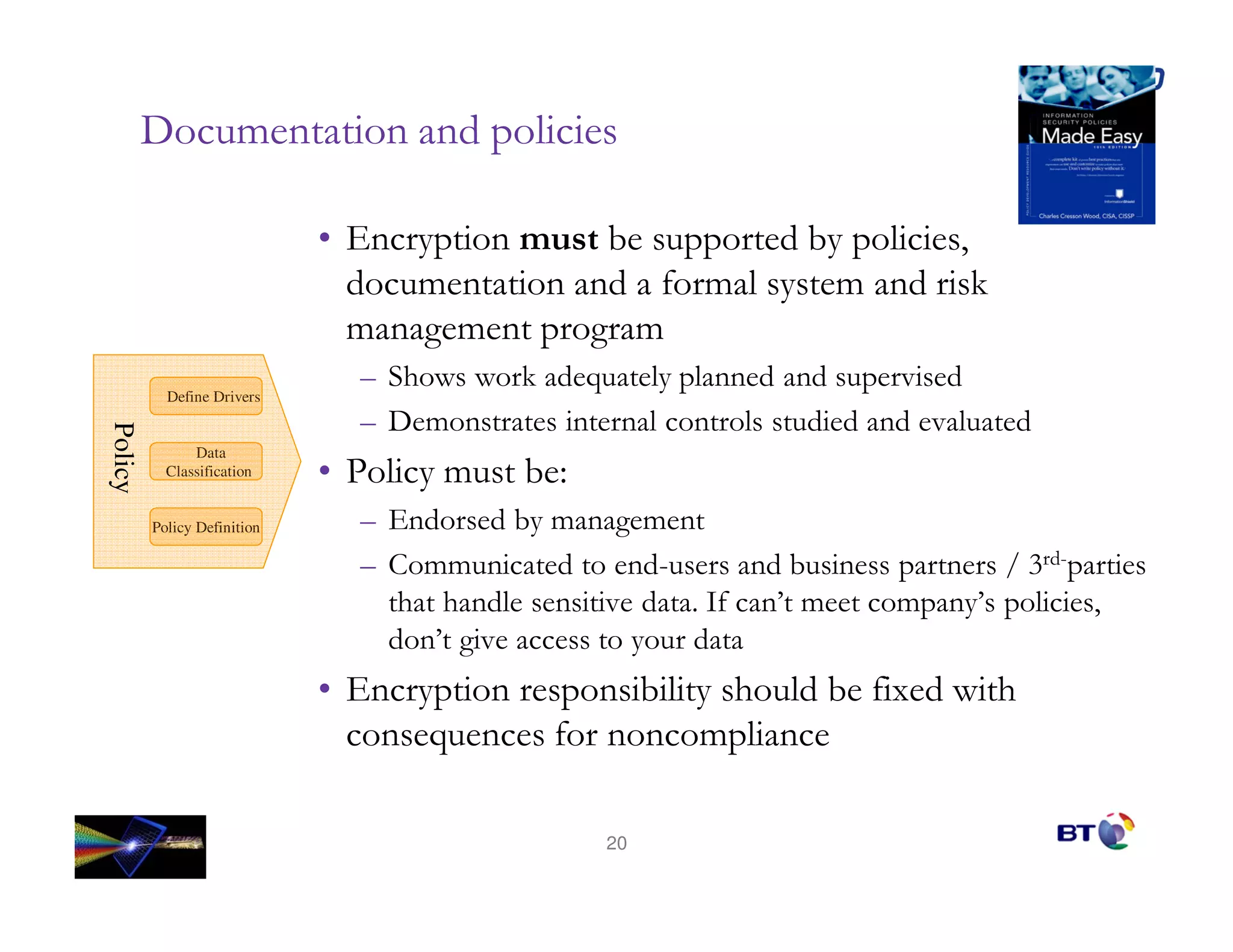 5                %             #*

                             0     *            **      #     *
                             #    %          # $ %           % #
                             %    3%      * 3 %
                                   ) )    #(       *    # # *   #
           Define Drivers
                                 5 %                      # # #       #
Policy




               Data
           Classification          %      G
         Policy Definition       0 # #    %    3%
                                   %%     #     #+    #       *      4>#+*
                                      #         # 7 $ 8%      %*    8*
                                 # 83              #
                             0    *       *              #    $ #)
                                                               1
                                  (       $        %*

                                              20
 
