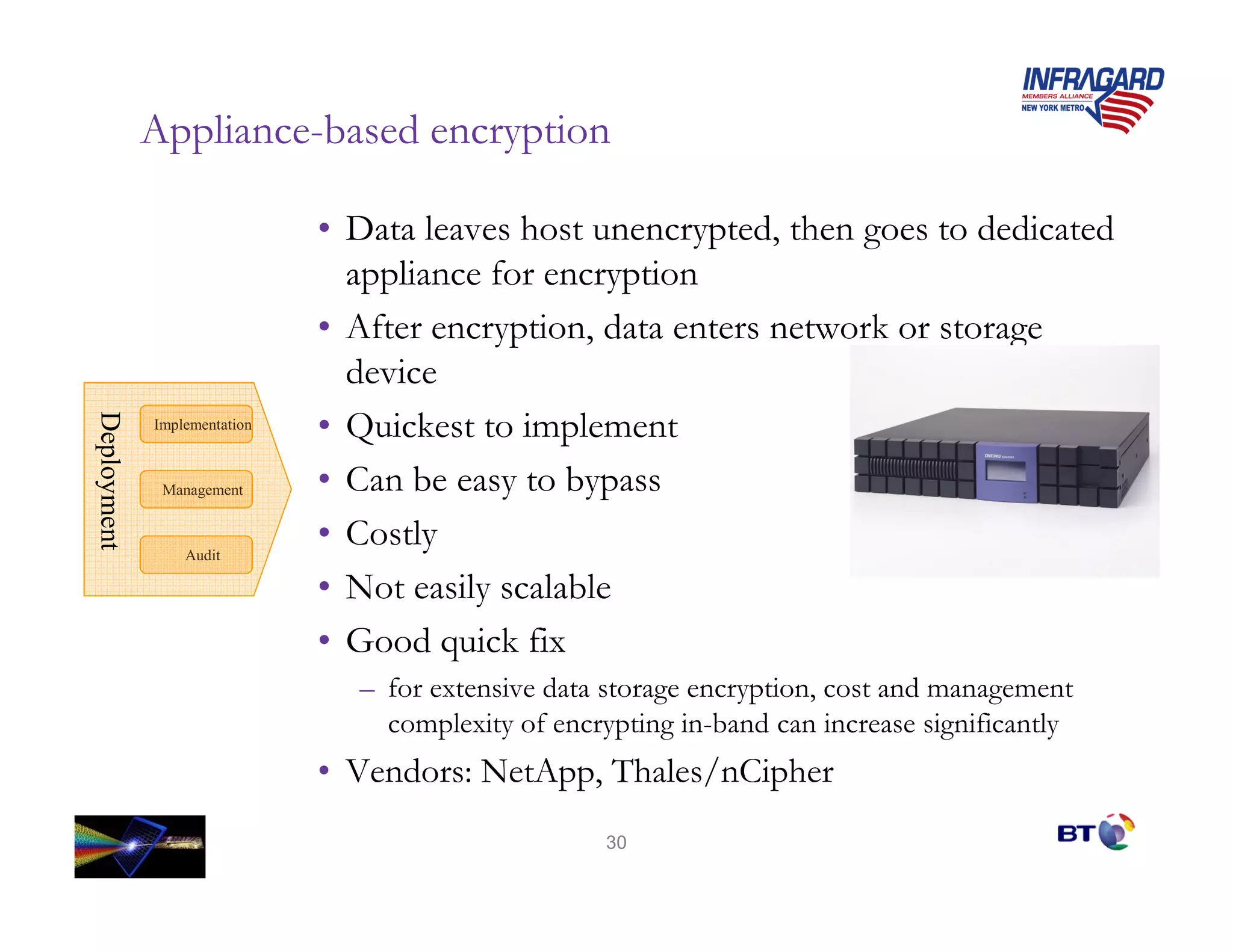 Appliance-based encryption

                              • Data leaves host unencrypted, then goes to dedicated
                                appliance for encryption
                              • After encryption, data enters network or storage
                                device
                              • Quickest to implement
Deployment
Deployment




             Implementation



              Management      • Can be easy to bypass
                 Audit
                              • Costly
                              • Not easily scalable
                              • Good quick fix
                                – for extensive data storage encryption, cost and management
                                  complexity of encrypting in-band can increase significantly
                              • Vendors: NetApp, Thales/nCipher
                                                     30
 