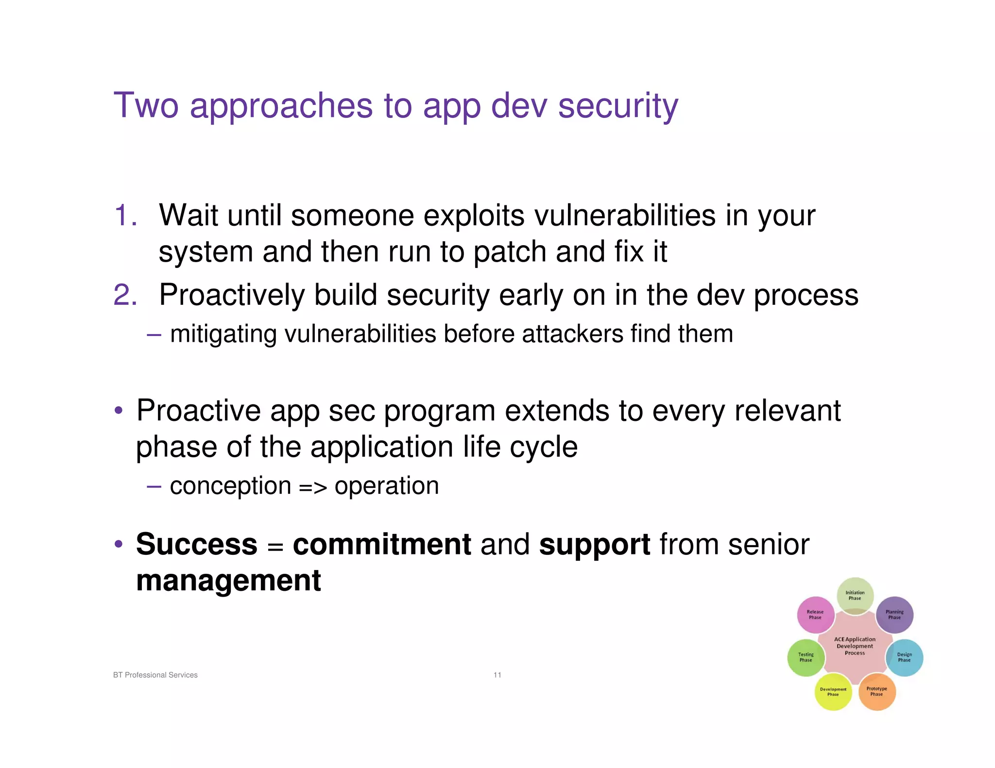 Two approaches to app dev security


1. Wait until someone exploits vulnerabilities in your
   system and then run to patch and fix it
2. Proactively build security early on in the dev process
         – mitigating vulnerabilities before attackers find them


• Proactive app sec program extends to every relevant
  phase of the application life cycle
         – conception => operation

• Success = commitment and support from senior
  management

BT Professional Services                 11
 