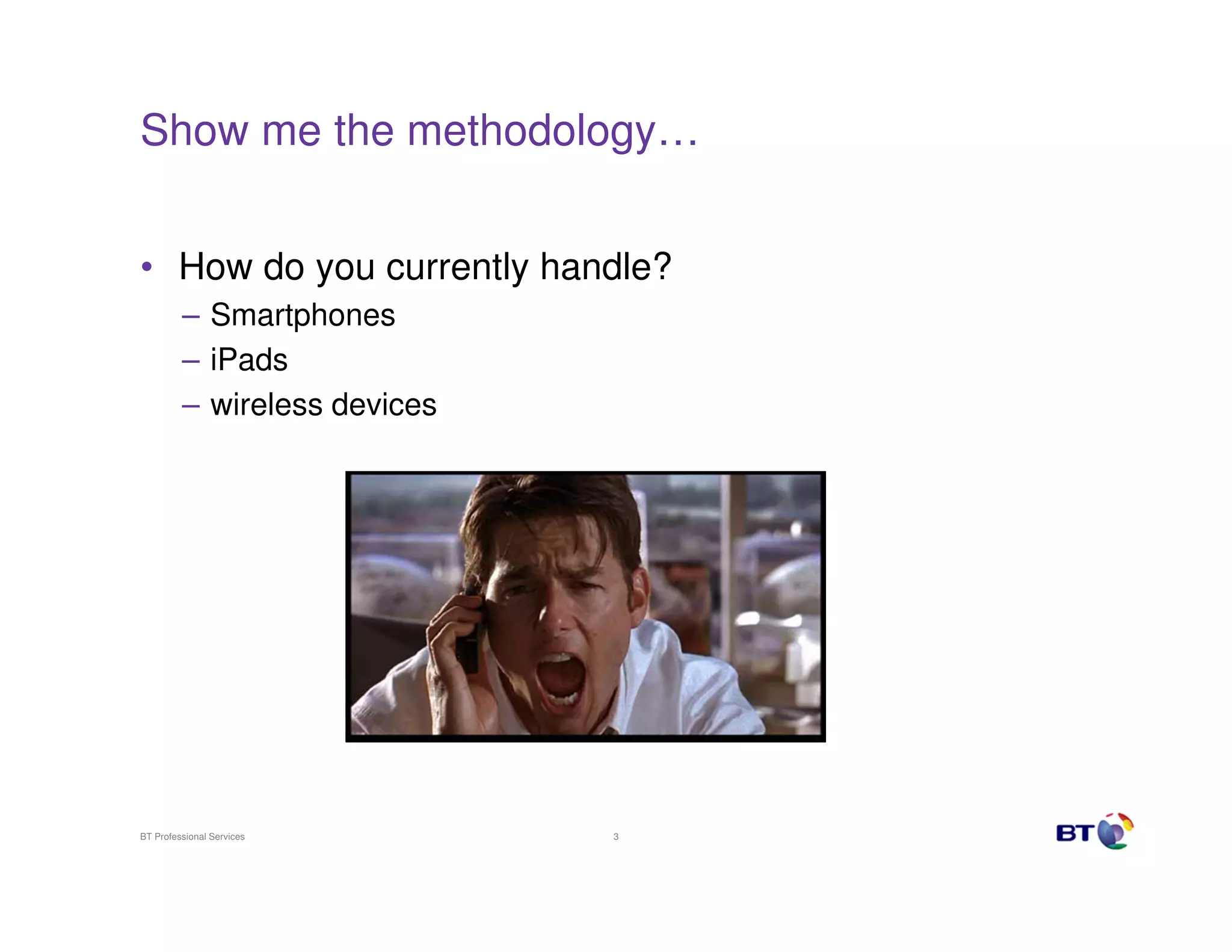 Show me the methodology…


• How do you currently handle?
         – Smartphones
         – iPads
         – wireless devices




BT Professional Services      3
 