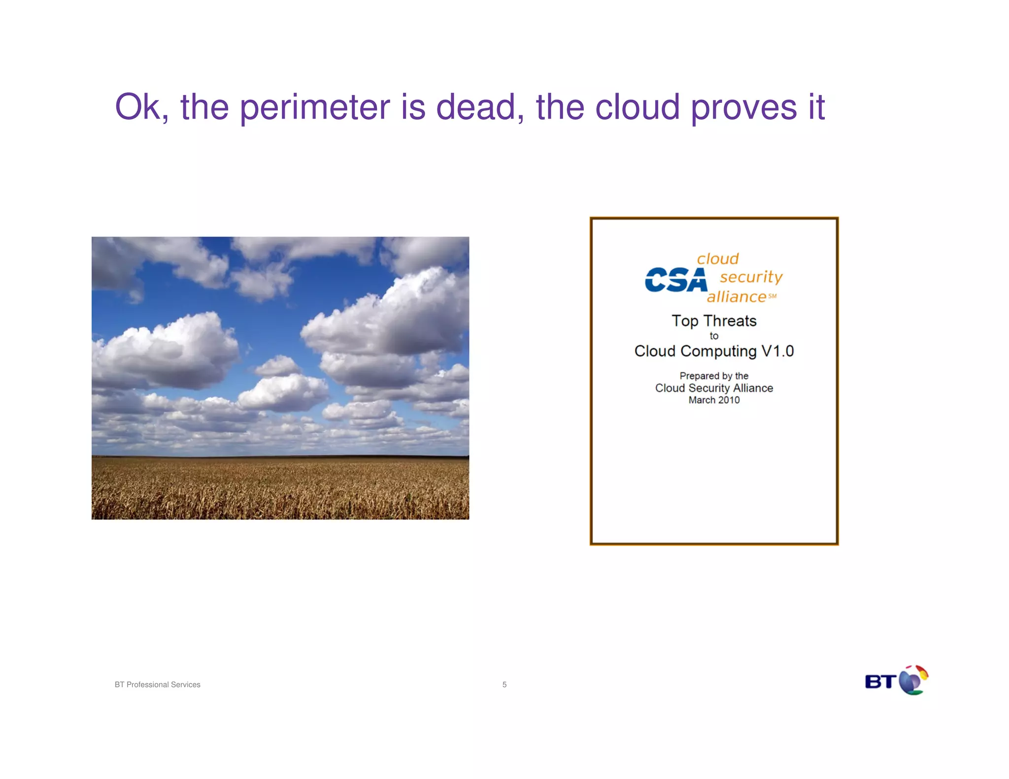 Ok, the perimeter is dead, the cloud proves it

BT Professional Services

5

 