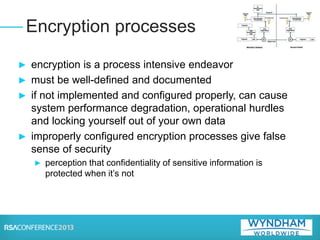 ► encryption is a process intensive endeavor
► must be well-defined and documented
► if not implemented and configured properly, can cause
system performance degradation, operational hurdles
and locking yourself out of your own data
► improperly configured encryption processes give false
sense of security
► perception that confidentiality of sensitive information is
protected when it’s not
Encryption processes
 