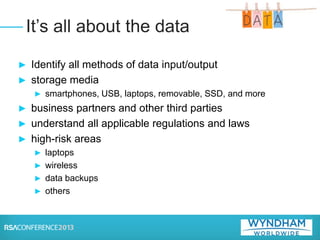 ► Identify all methods of data input/output
► storage media
► smartphones, USB, laptops, removable, SSD, and more
► business partners and other third parties
► understand all applicable regulations and laws
► high-risk areas
► laptops
► wireless
► data backups
► others
It’s all about the data
 