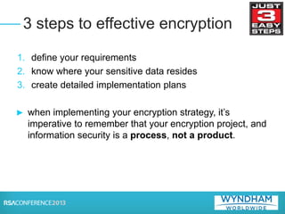 1. define your requirements
2. know where your sensitive data resides
3. create detailed implementation plans
► when implementing your encryption strategy, it’s
imperative to remember that your encryption project, and
information security is a process, not a product.
3 steps to effective encryption
 