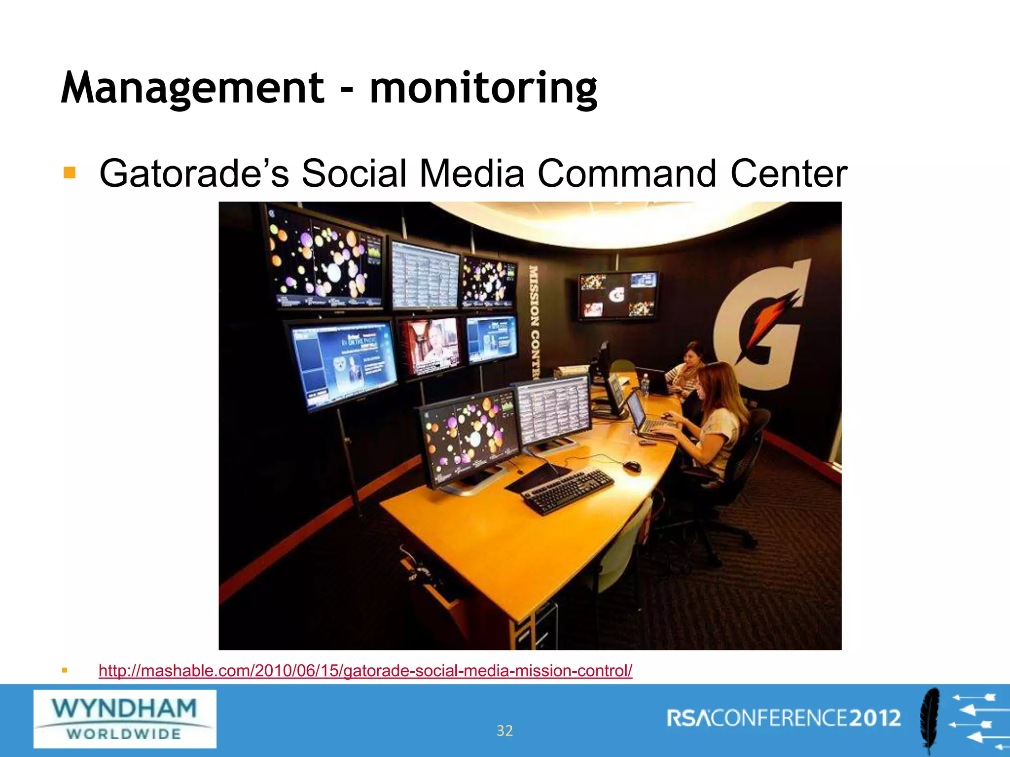 Management - monitoring
 Gatorade’s Social Media Command Center
 http://mashable.com/2010/06/15/gatorade-social-media-mission-control/
32
 