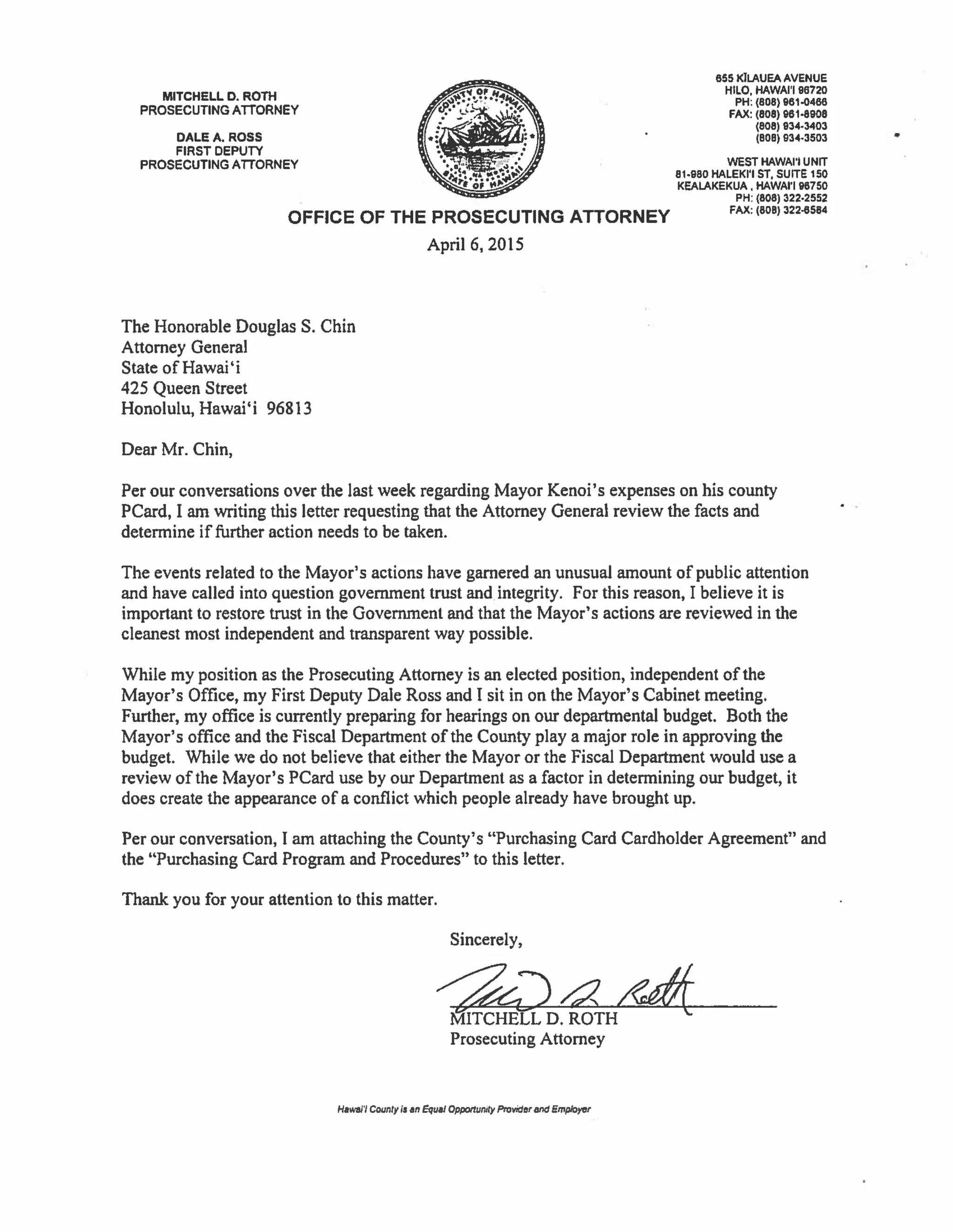 Roth letter to ag chin re mayor kenoi | PDF