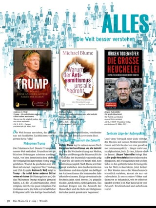 ALLES
Die Welt besser verstehen, das gelingt
uns mit fundierten Sachbüchern von Ex-
perten ihres Felds!
Phänomen Trump
Die Präsidentschaft Donald Trumps hat
unsere Welt verändert. Grundfeste der po-
litischen Ordnungen scheinen niederge-
walzt, von den demokratischen Idealen
der vergangenen Jahrzehnte wenig übrig-
geblieben. Was ist da geschehen und wie
lässt sich darauf reagieren? Der Theologe
und USA-Experte Andreas G. Weiß zeigt in
Trump – Du sollst keine anderen Götter
neben mir haben die Hintergründe auf, die
das Phänomen Trump möglich gemacht
haben, z.B. die US-amerikanische »Zivil-
religion« mit ihrem quasi-religiösen Pat-
riotismus sowie die Rolle wirtschaftlicher
Erfolgsstorys für die dortige Gesellschaft.
Ihm gelingt ein spannender, erhellender
Einblick, der etwas klarer sehen lässt.
Mediales Ringen um die Zukunft
Michael Blume legt in seinem neuen Buch
Warum der Antisemitismus uns alle bedroht
dar, wie die Wechselwirkung aus Medien,
Mythen und Demografie die menschliche
Geschichte der letzten Jahrtausende präg-
te und wie sie nicht erst heute dem Anti-
semitismus zuspielt. Nach Blume wird der
Kampf zwischen dem buchorientierten
Semitismus und dem digital neu beflügel-
ten Antisemitismus die kommenden Jahr-
zehnte bestimmen. Einige demokratische
Rechtsstaaten sind bereits zu populis-
tischen Autokratien zurückgefallen. Das
mediale Ringen um die Zukunft der
Menschheit und die Rolle der Religionen
darin hat damit gerade erst begonnen!
Zentrale Lüge der Außenpolitik
Unter dem Vorwand edler Ziele verfolgt
der Westen mit seinen Militärinterven-
tionen seit Jahrhunderten eine gewaltsa-
me Interessenpolitik – längst nicht nur
in Afghanistan, Irak, Syrien, Libyen oder
im Jemen. Jürgen Todenhöfer belegt dies
in Die große Heuchelei mit erschütternden
Beispielen, die er zusammen mit seinem
Sohn in den gefährlichsten Krisengebie-
ten der Welt recherchierte. Jetzt fordert
er: Der Westen muss die Menschenrech-
te endlich vorleben, anstatt sie nur vor-
zuheucheln. Er muss andere Völker und
Kulturen so behandeln, wie er selbst be-
handelt werden will. Nur dann hat er eine
Zukunft. Erschreckend und aufschluss-
reich!
Andreas G. Weiß
Trump – Du sollst keine anderen
Götter neben mir haben
Was wir nie für möglich hielten, hat
uns schon verändert
216 S., € 24,– Patmos
erscheint am 18. März 2019
Michael Blume
Warum der Antisemitismus uns alle bedroht
Wie neue Medien alte
Verschwörungsmythen befeuern
208 S., € 19,– Patmos
erscheint am 18. März 2019
Jürgen Todenhöfer
Die große Heuchelei
Wie Politik und Medien
unsere Werte verraten
336 S., € 19,99 Propyläen Verlag
erscheint am 15. März 2019
Die Welt besser verstehen
78 Das Magazin 1 · 2019  |  Wissen
 
