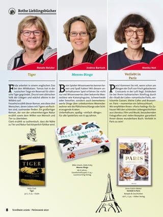 Polly Clark
Tiger
32 S., E 22,– Eisele
Tiger
F
rida arbeitet in einem englischen Zoo
bei den Wildkatzen. Tomas hat in der
russischen Taiga ein Reservat für sibiri-
sche Tiger gegründet. Zina ist vom sibirischen
Volk der Udegen und wächst alleine in der
Wildnis auf.
Fesselnd erzählt dieser Roman, wie diese drei
Menschen, deren Leben mit Tigern verfloch-
ten sind, zueinander finden. Ein großartiger
Roman, der von der unbarmherzigen Natur
erzählt sowie dem Willen von Mensch und
Tier zu überleben.
Clark erzählt so authentisch, dass die Nähe
zu Tier und Natur fast körperlich fühlbar wird.
Verliebt in
Paris
Anne-Katrin Weber
Verliebt in Paris
Rezepte & Geschichten
176 S., E 30,– Hölker Verlag
P
aris! Kommen Sie mit, wenn schon am
Morgen der Duft von frisch gebackenen
Croissants in der Luft liegt. Entdecken
Sie bei Ihrem kulinarischen Streifzug durch
die »Stadt der Liebe« romantische Parks, ver-
träumte Gassen, kleine Cafes und Brasseri-
en. Paris – momentan ein Sehnsuchtsort.
Wir empfehlen Ihnen: »Paris-Feeling« für Zu-
hause! Mit den schönsten Liebesgeschichten
aus Literatur, Film und Musik, bezaubernden
Fotografien und vielen Rezepten garantiert
Ihnen dieses wunderbare Buch: Verliebt in
Paris zu sein!
Mike Unwin, Holly Exley
Meeres-Bingo
Ab 6 Jahren.
Gesellschaftsspiel, E 24,–
Laurence King Verlag
Meeres-Bingo
B
eim Spielen Wissenswertes kennen ler-
nen und Spaß haben! Mit diesem un-
terhaltsamen Spiel erfahren Sie nicht
nur viel Wissenswertes über bekannte Mee-
restiere wie Kaiserpinguine, Schwertwale
oder Seeotter, sondern auch bemerkens-
werte Dinge über unbekanntere Meeresbe-
wohner wie die Plättchenschlange oder licht-
erzeugende Kraken.
Unterhaltsam, spaßig – einfach »Bingo«.
Für alle Spielefans von 6-99 Jahren.
Monika Noll
Andrea Bartsch
Renate Betzler
8 Schöner lesen · Frühjahr 2021
Rothe Lieblingsbücher
 