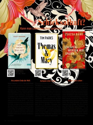 Schicksalhaft?Kann man Lebensweichen justieren?
Ans andere Ende der Welt
Peggy Hohmann erzählt in Der grüne Palast
eine fesselnde Geschichte von Freiheit und
Liebe. In ihrem historischen Frauenroman
zeichnet sie die Schicksale zweier außer-
gewöhnlicher Frauen inmitten gefährli-
cher Liebschaften nach. 1816 wird Gräfin
Lazansky damit beauftragt, Erzherzogin
Leopoldine nach Brasilien zu begleiten.
Vor ihnen liegt eine aufregende und zu-
gleich beschwerliche Reise – von Wien
nach Rio de Janeiro, also ans andere Ende
der Welt. Ausgerechnet Fürst Metternich,
der die Hochzeit mit dem portugiesischen
Thronfolger für Leopoldine eingefädelt hat
und am Hof als skrupelloser Schürzenjä-
ger gilt, ist mit von der Partie. Die Damen
erwartet alles andere als das erträumte
Paradies!
Autopsie einer Liebe
Zwischen Komödie und Tragödie pendelt
Tim Parks mit seiner umgekehrten Liebes-
geschichte. Thomas & Mary sind seit 30 Jah-
ren verheiratet, haben zwei Kinder, einen
Hund, ein Haus im Grünen. Aber Gemein-
samkeit darüber hinaus? Gibt es die noch
oder steht nach Jahren des Auseinander-
lebens nun eine – vermeintlich unaus-
weichliche – Entscheidung an? Die fast
forensische Analyse des ehelichen Nieder-
gangs in seiner ganzen Wucht, die stillen
und doch so beredten Momente des
schmerzvollen Prozesses mit all seinen
Abzweigungen und Umwegen liest sich
richtig spannend – und zeigt gleichzeitig
auch, wie das Umfeld, sei es Familienmit-
glieder, Geliebte, Freunde, Nachbarn, mit-
betroffen sind. Glasklar und ehrlich!
Hunger nach Leben
Schlafen werden wir später heißt der neue,
heiß ersehnte Roman der in Frankfurt le-
bende Autorin Zsuzsa Bánk. Zwei Frauen ha-
ben die Hälfte des Lebens erreicht: Die Leh-
rerin Johanna lebt allein in einem kleinen
Ort im Schwarzwald. Die Künstlerin Márta
wohnt mit Familie in einer Großstadt. Beide
kennen sich seit Kindheitstagen. Jetzt, mit
Mitte vierzig, herrscht der Alltag und ein
Richtungswechsel scheint nicht mehr vorge-
sehen. Aber beide kämpfen: um Selbstbe-
hauptung, um Freiheit, um ihren Lebens-
mut, ihr Glück. Ihr enger Austausch – in
E-Mails und Briefen eingefangen –, ist auf-
richtiger Lebensbericht, Beweisstück einer
langenFreundschaft–angetriebenvomHun-
ger auf das Leben. Was ist gewesen in ihrem
Leben – und was wird noch kommen?
Zsuzsa Bánk
Schlafen werden wir später
688 S., € 24,– S. Fischer
Tim Parks
Thomas & Mary
272 S., € 22,– Kunstmann
Peggy Hohmann
Der grüne Palast
384 S., € 15,– Ullstein
18 Das Magazin 1 · 2017  |  Literatur | Unterhaltung
 