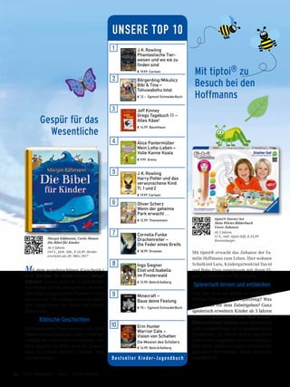 Gespür für das
Wesentliche
Mit dem wunderschönen (Geschenk-)
band Die Bibel für Kinder beweist Margot
Käßmann einmal mehr ihr unübertroffe-
nes Gespür für das Wesentliche. In einfa-
chen und kindgerechten Worten erzählt
sie darin die 100 wichtigsten und schöns-
ten Geschichten des Alten und Neuen
Testaments.
Biblische Geschichten
Die kunstvollen Illustrationen von Carla
Manea veranschaulichen dabei nicht nur
treffend die biblischen Geschichten, son-
dern machen das Buch auch für Erwach-
sene zu einem wahren Vorlese- und
Lesevergnügen.
Mit tiptoi® erwacht das Zuhause der Fa-
milie Hoffmann zum Leben. Hier wohnen
Schulkind Lara, Kindergartenkind David
und Baby Finn gemeinsam mit ihren El-
tern, Großeltern und Hund Rocky.
Spielerisch lernen und entdecken
Was gibt es in der Küche zu entdecken?
Welche Farben hat das Spielzeug? Was
macht man vor dem Zubettgehen? Ganz
spielerisch erweitern Kinder ab 3 Jahren
mit dem tiptoi® Starter-Set Mein Wörter-
Bilderbuch Unser Zuhause ihren Wortschatz
und verinnerlichen erste grammatische
Strukturen. Sie lernen Wörter aus ihrer
Lebenswelt, eingebettet in leicht verständ-
liche Sätze. Spiele und Lieder vertiefen den
gelernten Wortschatz. Buch inklusive
tiptoi®-Stift!
tiptoi® Starter-Set
Mein Wörter-Bilderbuch
Unser Zuhause
Ab 3 Jahren.
12 S., inkl. tiptoi-Stift, € 53,99
Ravensburger
Margot Käßmann, Carla Manea
Die Bibel für Kinder
Ab 5 Jahren.
144 S., farb. Abb., € 16,99 Herder
erscheint am 20. März 2017
Mit tiptoi® zu
Besuch bei den
Hoffmanns
Bes t sel l er K inder-Jugendbuch
UNSERE TOP 10
J. K. Rowling
Phantastische Tier-
wesen und wo sie zu
finden sind
€ 19,99 Carlsen
J. K. Rowling
Harry Potter und das
verwunschene Kind
Tl. 1 und 2
€ 19,99 Carlsen
Oliver Scherz
Wenn der geheime
Park erwacht …
€ 12,99 Thienemann
Cornelia Funke
Drachenreiter –
Die Feder eines Greifs
€ 18,99 Dressler
Ingo Siegner
Eliot und Isabella
im Finsterwald
€ 12,95 Beltz & Gelberg
Minecraft –
Baue deine Festung
€ 15,– Egmont SchneiderBuch
Erin Hunter
Warrior Cats –
Vision von Schatten
Die Mission des Schülers
€ 14,95 Beltz & Gelberg
Alice Pantermüller
Mein Lotta-Leben –
Volle Kanne Koala
€ 9,99 Arena
Börgerding/Mikulicz
Bibi & Tina –
Tohuwabohu total
€ 12,– Egmont SchneiderBuch
Jeff Kinney
Gregs Tagebuch 11 –
Alles Käse!
€ 14,99 Baumhaus
44 Das Magazin 1 · 2017  |  Junge Leser
 
