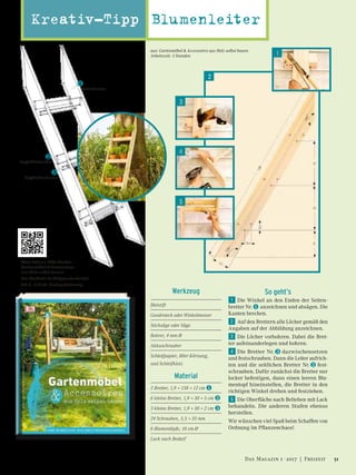 ”
#
£
ﬁ
❶
Seitenbretter
❷
Topf-Stützbretter
❸Topf-Bodenbretter
@
Birte Gräser, Silke Decker
Gartenmöbel & Accessoires
aus Holz selbst bauen
Von Windlicht bis Hollywoodschaukel
144 S., € 16,95 Dorling Kindersley
Werkzeug
Bleistift
Geodreieck oder Winkelmesser
Stichsäge oder Säge
Bohrer, 4 mm Ø
Akkuschrauber
Schleifpapier, 80er-Körnung,
und Schleifklotz
Material
2 Bretter, 1,9 × 138 × 12 cm ❶
6 kleine Bretter, 1,9 × 30 × 5 cm ❷
3 kleine Bretter, 1,9 × 30 × 2 cm ❸
24 Schrauben, 3,5 × 35 mm
6 Blumentöpfe, 10 cm Ø
Lack nach Bedarf
So geht’s
@	Die Winkel an den Enden der Seiten-
bretter Nr. ❶ anzeichnen und absägen. Die
Kanten brechen.
”	Auf den Brettern alle Löcher gemäß den
Angaben auf der Abbildung anzeichnen.
#	Die Löcher vorbohren. Dabei die Bret-
ter aufeinanderlegen und bohren.
£	Die Bretter Nr. ❸ dazwischensetzen
und festschrauben. Dann die Leiter aufrich-
ten und die seitlichen Bretter Nr. ❷ fest-
schrauben. Dafür zunächst die Bretter nur
locker befestigen, dann einen leeren Blu-
mentopf hineinstellen, die Bretter in den
richtigen Winkel drehen und festziehen.
ﬁ	Die Oberfläche nach Belieben mit Lack
behandeln. Die anderen Stufen ebenso
herstellen.
Wir wünschen viel Spaß beim Schaffen von
Ordnung im Pflanzenchaos!
Kreativ-Tipp Blumenleiter
aus: Gartenmöbel & Accessoires aus Holz selbst bauen
Arbeitszeit: 3 Stunden
51Das Magazin 1 · 2017  |  Freizeit
 