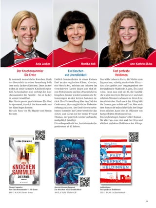 Anja Lacker Monika Noll Ann-Kathrin Skiba
Ein bisschen
wie Unendlichkeit
Endlich Sommerferien in einem kleinen
Dorf an der englischen Küste. »Gottie«,
ein Physik-Ass, möchte am liebsten im
verwilderten Garten liegen und sich ih-
rem Weltschmerz und den »Wurmlöchern«
hingeben. Immer wieder kommen die Er-
innerungen an den letzten Sommer zu-
rück. Ihre Verzweiflung über den Tod des
Großvaters, ihre unglückliche Liebesbe-
ziehung zu Jason. Am Ende dieses turbu-
lenten Sommers ist Gottie bereit für das
»Jetzt« und daran ist ihr bester Freund
Thomas, der plötzlich wieder auftaucht,
maßgeblich beteiligt.
Ein außergewöhnlicher, faszinierender Ju-
gendroman ab 15 Jahren.
Harriet Reuter Hapgood
Ein bisschen wie Unendlichkeit
384 S., E 16,99 Fischer KJB
Fiona Cummins
Der Knochensammler – Die Ernte
480 S., E 14,99 Fischer Scherz
Adèle Bréau
Fast perfekte Heldinnen
352 S., E 9,99 List Taschenbuch
Das wilde Leben in Paris, die Nächte zum
Tag machen, ständig wechselnde Flirts –
das alles gehört zur Vergangenheit der
Freundinnen Mathilde, Lucie, Éva und
Alice. Denn nun sind sie 40, die Tanzflä-
che wurde durch ein Büro ersetzt und statt
schönen Männern schauen sie ihren Kin-
dern hinterher. Doch auch der Alltag hält
die Damen ganz schön auf Trab. Wer nach
dem Roman die männliche Sicht der Dinge
lesen möchte, kann dies in »Männer von
fast perfekten Heldinnen« tun.
Ein leichtlebiger, humorvoller Roman -
für alle Fans von »Sex and the City« und
alle fast perfekten Heldinnen des Alltags.
Fast perfekte
Heldinnen
Der Knochensammler
Die Ernte
Er sammelt menschliche Knochen. Doch
das Herzstück in seiner Sammlung fehlt
ihm noch: Jackeys Knochen. Denn Jackey
leidet an einer seltenen Knochenkrank-
heit. So beobachtet und verfolgt der Kno-
chensammler die Familie – bis er Jackey
in seiner Gewalt hat.
Was für ein genial geschriebener Thriller!
So spannend, dass ich ihn kaum mehr aus
der Hand legen konnte.
Für alle Fans von Mo Hayder und Simon
Beckett.
9
 