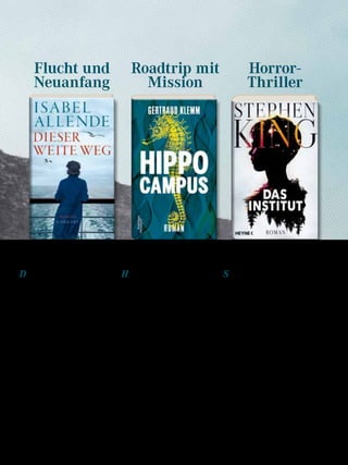 Der junge Katalane Víctor beginnt gera-
de als Arzt zu praktizieren, da bricht der
Bürgerkrieg aus. In letzter Minute organi-
siert er für sich und seine hochschwange-
re Schwägerin, die Pianistin Roser, eine
Überfahrt nach Südamerika. Im chileni-
schen Exil wächst sich ihre Verbunden-
heit nach und nach zu etwas Größerem aus.
Rosers harte Arbeit zahlt sich ebenfalls
aus, sie wird gefeiert für ihr Klavierspiel.
Für sie und Víctor scheint ein spätes ge-
meinsames Glück greifbar nahe – bis
plötzlich eine weitere politische Katastro-
phe ihre Pläne zu vereiteln droht …
Wie weit ist der Weg, den wir gehen müs-
sen, um im Leben anzukommen? Isabel
Allende erzählt in Dieser weite Weg die be-
wegende Geschichte von zwei Menschen,
die unversehens in die turbulenten Zeitläu-
fe des vergangenen Jahrhunderts geraten.
Isabel Allende
Dieser weite Weg
381 S., € 24,– Suhrkamp
Satte 768 Seiten umfasst Das Institut und
auf jeder einzelnen davon kommen Stephen-
King-Fans auf ihre Kosten: In einer Vorort-
siedlung von Minneapolis ermorden Ein-
dringlinge die Eltern von Luke Ellis und ent-
führen den betäubten Zwölfjährigen. Luke
wacht weit entfernt im Institut wieder auf,
in einem Zimmer, das wie seines aussieht,
nur dass es keine Fenster hat. Das Institut
in Maine beherbergt weitere Kinder, die wie
Luke paranormal veranlagt sind: Kalisha,
Nick, George, Iris und den zehnjährigen
Avery. Sie befinden sich im Vorderbau des
Instituts. Luke erfährt, dass andere vor ih-
nen nach einer Testreihe im »Hinterbau«
verschwanden. Und nie zurückkehrten. Je
mehr von Lukes neuen Freunden ausquar-
tiert werden, desto verzweifelter wird sein
Gedanke an Flucht, um Hilfe zu holen, doch
nie zuvor ist jemand aus dem streng abge-
schirmten Institut entkommen. Auch als
Hörbuch, gelesen von David Nathan, 3 mp3-
CDs, 21h 2, € 26,– Random House Audio).
Gertraud Klemm
Hippocampus
384 S., € 22,90 Kremayr&Scheriau
Stephen King
Das Institut
768 S., € 26,– Heyne
Roadtrip mit
Mission
Flucht und
Neuanfang
Helene Schulze, vergessene Autorin der
feministischen Avantgarde, ist tot. Jetzt wird
sie als Kandidatin für den Deutschen Buch-
preis gehandelt. Ihre Freundin Elvira soll
den Nachlass sortieren und findet sich un-
versehens in einer Marketingmaschinerie
voll Gier, Neid und Sensationsgeilheit wie-
der. Empört bricht sie ein großes Nachruf-
Interview ab und begibt sich mit dem we-
sentlich jüngeren Kameramann Adrian
auf einen Roadtrip durch Österreich, um
die verzerrte Biografie ihrer Freundin
richtigzustellen. Was als origineller Rache-
feldzug beginnt, wird immer mehr zum
Kreuzzug gegen Bigotterie und Sexismus.
Gertraud Klemm legt mit Hippocampus den
Finger dorthin, wo es wehtut. Am Beispiel
der Literaturbranche zeigt sie, wie es um
die gleichberechtigte Wahrnehmung von
Frauen tatsächlich steht; und dass es mehr
Rebellion und Mut braucht, um wirklich
etwas zu verändern.
Horror-
Thriller
17Das Magazin 3 · 2019  |  Literatur | Unterhaltung
 
