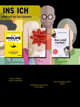 Die Zeit um den 50. Geburtstag herum
empfinden viele Frauen als Beginn eines
Abstiegs: Der Körper verändert sich, die
Kinder werden flügge. Welche Aufgabe hat
man nun? Welche Ziele will und kann man
noch erreichen.
Chancen ergreifen
Träume verwirklichen
Katrin Bringmann liefert in Die Midlife-
Chance konkrete Strategien, um aus der
Komfortzone zu kommen und neue Ge-
wohnheiten zu etablieren – denn nur so
kann eine kraftvolle Aufbruchsstimmung
einsetzen. Mit vielen hilfreichen Übungen
zeigt sie außerdem, wie man mehr innere
Überzeugungskraft gewinnen, persönli-
che Entspannung finden und neue beruf-
liche Vorhaben umsetzen kann.
Wie können wir generell besser mit uns
selbst und mit anderen leben? Welchen
Stellenwert haben Geduld, Freigiebig-
keit, Weisheit und Gleichmut in unserem
Leben? In Vollkommen unvollkommen be-
schreibt Marie Mannschatz, wie sie persön-
lich mit den zehn buddhistischen Voll-
kommenheiten, die aus einer intensiven
Achtsamkeitspraxis erwachsen, ihren All-
tag bestreitet.
Buddhistische Lebenskunst
für den Alltag
Dazu gehören auch das Scheitern, das
Nicht-Erreichen des Ideals und vor allem
Humor und liebevolle Selbstakzeptanz.
Zur klaren Nachvollziehbarkeit erzählt sie
viele Fallgeschichten ihrer Schülerinnen
und Schüler und bietet immer wieder die
Möglichkeit zur Selbstreflexion.
Kaum ein Mensch ist Frauen wichtiger als
die beste Freundin: Sie ist Vertraute und
Beraterin, Kummerkasten und Komplizin.
Umso schmerzlicher empfinden wir es,
wenn die Freundschaft schleichend oder
unerwartet in die Brüche geht. Wie kann
es sein, dass uns die vermeintliche Soul
Sister plötzlich fremd wird oder verrät?
Wenn Freundinnen Schluss
machen
Dorothee Röhrig hat für Aus und vorbei!
viele Fallgeschichten über gescheiterte
Frauenfreundschaften gesammelt und die
Expertise von Psychologen eingeholt. Ihr
Fazit: Wenn man anerkennt, was an der
Freundschaft gut war und dass zur Wei-
terentwicklung auch das Loslassen gehört,
kann man nach dem Ende der gemein-
samen Wegstrecke gestärkt weiterleben.
Katrin Bringmann
Die Midlife-Chance
Die Mut-Strategie für die Mitte des Lebens
Neue Herausforderungen, neues Selbstbewusstsein,
neues Glück
176 S., farb. Abb., € 19,99 humboldt
Marie Mannschatz
Vollkommen unvollkommen
Zehn Qualitäten, die das Beste in uns
zum Vorschein bringen
288 S., € 19,99 O.W.Barth
erscheint am 4. November 2019
Dorothee Röhrig
Aus und vorbei!
Woran Frauenfreundschaften zerbrechen
und wie wir daran wachsen
256 S., € 15,– Kailash
erscheint am 11. November 2019
selbst auf die Spur kommen
INS ICHINS ICH
63Das Magazin 3 · 2019  |  Ratgeber Gesundheit
 