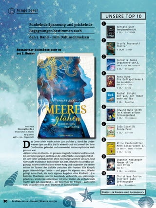 UNSERE TOP 10
Bestseller Kinder- und Jugendbuch
Christiane Dorion
Tierisch gute
Erfindungen
€ 16,– Knesebeck
!
"
§
$
%
&
/
(
)
=
Cornelia Funke
Drachenreiter 
3.
Der Fluch der Aurelia
€ 20,– Dressler
Rachel Bright
Der Wal, der immer
mehr wollte
€ 14,– Magellan
Ursula Poznanski
Shelter
€ 19,95 Loewe
Edward Wyke-Smith
Im kleinen wilden
Schnergenland
€ 15,– Thienemann
Saša Stanišić
Panda-Pand
€ 12,– Carlsen
Alice Pantermüller
Mein Lotta-Leben 17.
Je Otter, desto flotter
€ 12,– Arena
Kerstin Gier
Vergissmeinnicht
€ 20,– S.FISCHER
Shannon Messenger
Keeper of the
Lost Cities
Das Exil
€ 18,– arsEdition
Anna Ruhe
Die Duftapotheke 6.
Das Vermächtnis
der Villa Evie
€ 15,– Arena
Funkelnde Spannung und prickelnde
Begegnungen bestimmen auch
den 2. Band – zum Dahinschmelzen
D
as Cover allein macht schon Lust auf den 2. Band des Unter-
wasser-Epos um Ella, die für einen Urlaub in Cornwall bei ihrer
Großmutter gelandet und unerwartet in eine mythische Welt
geraten war.
»Wiedersehen in Atlantis« ist genauso magisch, funkelnd und fesselnd:
Ein Jahr ist vergangen, seit Ella an die »Oberfläche« zurückgekehrt ist –
ein Jahr voller Liebeskummer, ohne ein einziges Zeichen von Aris. Und
nun taucht er plötzlich doch wieder auf. Der Zeitpunkt ist denkbar un-
günstig: Atlantis steht kurz vor einem Krieg und so geraten die beiden
mitten im Taumel der Gefühle zwischen alle Fronten. Ella kämpft
gegen übermächtige Feinde – und gegen ihr eigenes Herz. Wieder
gelingt Anna Fleck, die nach eigenen Angaben »ihre Kindheit (…) in
Bullerbü, Phantásien und im Auenland« verbrachte, ein spannungs-
geladenes, knisterndes Abenteuer mit einer Heldin, die einfach Spaß
macht! Wie gut, dass Band 3 – der Abschluss der Trilogie – auch nicht
mehr in weiter Ferne ist: Er erscheint im Sommer 2022!
Romantasy-Schmöker geht in
die 2. Runde
Anna Fleck
Meeresglühen Bd. 2
Wiedersehen in Atlantis
Ab 14 Jahren.
496 S., € 20,– Coppenrath
30 Schöner lesen · Herbst | Winter 2021 | 22
Junge Leser
 