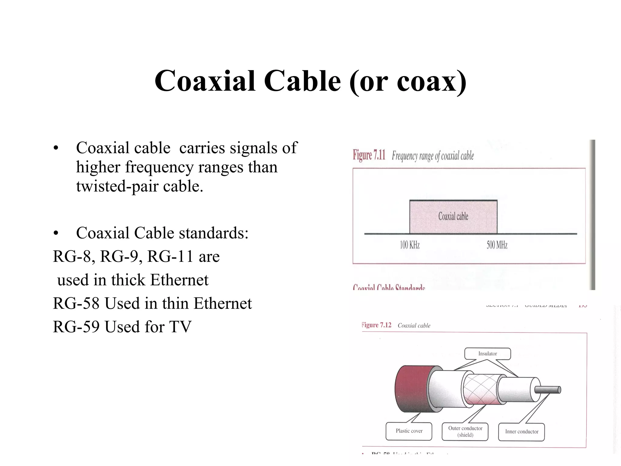 Coaxial Cable (or coax) Coaxial cable  carries signals of higher frequency ranges than twisted-pair cable. Coaxial Cable standards: RG-8, RG-9, RG-11 are  used in thick Ethernet RG-58 Used in thin Ethernet RG-59 Used for TV 