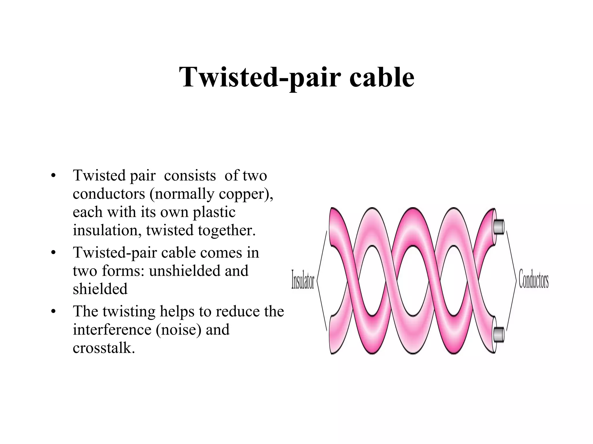 Twisted-pair cable Twisted pair  consists  of two conductors (normally copper), each with its own plastic insulation, twisted together. Twisted-pair cable comes in two forms: unshielded and shielded The twisting helps to reduce the interference (noise) and crosstalk. 