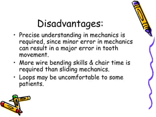 Disadvantages:
• Precise understanding in mechanics is
required, since minor error in mechanics
can result in a major error in tooth
movement.
• More wire bending skills & chair time is
required than sliding mechanics.
• Loops may be uncomfortable to some
patients.
 