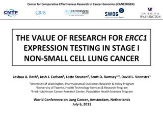 Center	
  for	
  ComparaSve	
  EﬀecSveness	
  Research	
  in	
  Cancer	
  Genomics	
  (CANCERGEN)	
  




  THE	
  VALUE	
  OF	
  RESEARCH	
  FOR	
  ERCC1	
  
    EXPRESSION	
  TESTING	
  IN	
  STAGE	
  I	
  	
  
    NON-­‐SMALL	
  CELL	
  LUNG	
  CANCER	
  
Joshua	
  A.	
  Roth1,	
  Josh	
  J.	
  Carlson1,	
  LoBe	
  Steuten2,	
  ScoB	
  D.	
  Ramsey1,3,	
  David	
  L.	
  Veenstra1	
  
                                                                    	
  
               1University	
  of	
  Washington,	
  Pharmaceu7cal	
  Outcomes	
  Research	
  &	
  Policy	
  Program	
  
                     2University	
  of	
  Twente,	
  Health	
  Technology	
  Services	
  &	
  Research	
  Program	
  
                3Fred	
  Hutchinson	
  Cancer	
  Research	
  Center,	
  Popula7on	
  Health	
  Sciences	
  Program	
  

                                                                   	
  
                   World	
  Conference	
  on	
  Lung	
  Cancer,	
  Amsterdam,	
  Netherlands	
  
                                                  July	
  6,	
  2011	
  
 