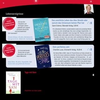Lebensereignisse
Tage mit Sam
Keith Stuart, Manhattan Verlag, 16,99 €
Jody und Alex sind glücklich verliebt und ein Kind soll ihr Glück besiegeln. Leider wird alles ganz anders als Sam auf die Welt
kommt. Er ist Autist. Sam ist aggressiv, schreit viel, ist mit seiner Umwelt überfordert und soziale Kontakte sind für ihn proble-
matisch. Alex ist überfordert mit dieser Situation und zieht aus. Es fällt ihm schwer, sich mit seinem Sohn zu beschäftigen. Bis
Sam ein Computerspiel entdeckt: Minecraft. Zusammen mit seinem Vater erkundet er dieses Spiel. Und plötzlich finden die zwei
doch noch einen Weg zueinander.
Empfohlen von Anja Lacker Eine sehr berührende Vater-Sohn-Geschichte!
Die skurrilen
Charaktere und
die klugen Lebens-
gedanken der originell
verfassten Geschichte
sind herzerwärmend.
Sehr lesenswert!
Simone Scheuer, 36 Jahre, Betriebswirtin,
liest gerne Krimis, Belletristik, Sachbücher
Ein herzerwärmender
Roman über ein ganz
besonderes Jahr im Leben
zweier Menschen.
Katja Skiba, 49 Jahre, Angestellte, liebt
humorvolle und gefühlvolle Romane
Das unerhörte Leben des Alex Woods oder
warum das Universum keinen Plan hat
Gavin Extence, Blanvalet Verlag, 9,99 €
Ein unfassbares Erlebnis, soziale Isolation sowie eine sonderbare Mutter
machen aus dem zehnjährigen Alex einen schrägen Eigenbrödler. Ver-
mutlich findet er deshalb in dem knurrigen Mr. Peterson einen guten
Freund. Sieben Jahre später wird Alex im Kampf um die Würde seines
Freundes mit einer Urne und einer nicht unerheblichen Menge Gras
vom Zoll aufgegriffen. Doch er weiß, dass er das Richtige getan hat.
Dein perfektes Jahr
Charlotte Lucas, Ehrenwirth Verlag, 16,00 €
Als Hanna Marx erfährt, dass ihr Freund Simon an Krebs erkrankt ist,
will sie ihm neuen Lebensmut schenken. Sie kauft ein Filofax und füllt
den Kalender mit Terminen, Aufgaben und Sinnsprüchen – ihr „per-
fektes Jahr“ für Simon. Jonathan N. Grief findet am Neujahrsmorgen
diesen komplett ausgefüllten Terminkalender für das gerade begon-
nene Jahr. Nach anfänglicher Suche nach dem Besitzer beginnt er
schließlich selbst nach diesem Kalender zu leben.
Kunden-
empfehlung von
Simone Scheuer
Kunden-
empfehlung von
Katja Skiba
Anja Lacker
18
 