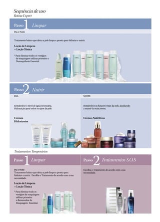 Sequência de uso
Rotina Expert

Passo
        1
Dia e Noite
                  Limpar

Tratamento básico que deixa a pele limpa e pronta para hidratar e nutrir.

Loção de Limpeza
+ Loção Tônica

* Para eliminar todos os vestígios
  de maquiagem utilizar primeiro o
  Demaquilante Essential.




Passo
DIA
        2         Nutrir
                                                                       NOITE



Restabelece o nível de água necessária.                                Restabelece as funções vitais da pele, auxiliando
Hidratação para todos os tipos de pele.                                a mantê-la mais jovem.


Cremes                                                                 Cremes Nutritivos
Hidratantes




Tratamentos Temporários

Passo
         1
Dia e Noite
                 Limpar                                                Passo
                                                                                 2       Tratamentos S.O.S
                                                                       Escolha o Tratamento de acordo com a sua
Tratamento básico que deixa a pele limpa e pronta para                 necessidade.
hidratar e nutrir . Escolha o Tratamento de acordo com a sua
necessidade.

Loção de Limpeza
+ Loção Tônica
* Para eliminar todo os
  vestígios de maquiagem
  utilizar primeiro
  o Removedor de
  Maquiagem Essential.
 