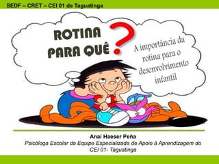 Anaí Haeser Peña
Psicóloga Escolar da Equipe Especializada de Apoio à Aprendizagem do
CEI 01- Taguatinga
SEDF – CRET – CEI 01 de Taguatinga
 