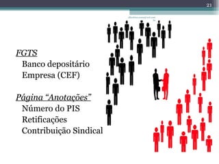 FGTS 
Banco depositário 
Empresa (CEF) 
Página “Anotações” 
Número do PIS 
Retificações 
Contribuição Sindical 
21 
albertina.sousa@uol.com 
.br 
 