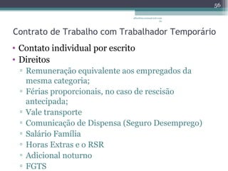 albertina.sousa@uol.com 
.br 
Contrato de Trabalho com Trabalhador Temporário 
• Contato individual por escrito 
• Direitos 
▫ Remuneração equivalente aos empregados da 
mesma categoria; 
▫ Férias proporcionais, no caso de rescisão 
antecipada; 
▫ Vale transporte 
▫ Comunicação de Dispensa (Seguro Desemprego) 
▫ Salário Família 
▫ Horas Extras e o RSR 
▫ Adicional noturno 
▫ FGTS 
56 
 