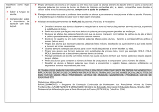respeitada como regra    Propor atividades de escrita ( em duplas ou em trios) nas quais os alunos tenham de discutir entre si sobre a escrita de
geral.                     algumas palavras (os nomes da turma, os títulos de histórias conhecidas etc.) e, assim, compartilhar suas dúvidas e
                           decidir sobre a escrita dessas palavras, sempre com a ajuda do professor.
 Saber a função da
  escrita.               Planejar atividades nas quais o professor deve auxiliar os alunos a perceberem a relação entre a fala e a escrita. Portanto,
                           é importante que os hábitos de saber ouvir e falar sejam ensinados.
 Compreender sobre
  a importância de       Realizar atividades permanentes de ANÁLISE de palavras. Para isto, é necessário:
  escrever com letra
  legível.                      Desafiar e ensinar aos alunos a fazerem a relação letra e som no interior das palavras através da troca, supressão
                                   e substituição de letras.
                                Pedir aos alunos que façam uma nova leitura da palavra para que possam perceber as mudanças.
                                Destacar as sílabas das palavras fazendo com que os alunos marquem com batidas de palmas ou de pés e falem
                                   a palavra pausadamente para reestruturar a escrita mesma.
                                Escrever no quadro ou em outro material, palavras ditadas pelos alunos, fazendo a correspondência gráfica e
                                   sonora (letra e som).
                                  Propor aos alunos que escrevam palavras utilizando letras móveis, desafiando-os a perceberem o que está escrito
                                   e fazerem as trocas necessárias.
                                  Chamar sempre a atenção dos alunos para o som inicial das palavras a serem escritas ou lidas.
                                  Propor aos alunos que formem palavras com substituição da primeira letra, como por exemplo: BOLA, COLA,
                                   MOLA; desafiando-os a descobrirem palavras dentro de outras.
                                  Planejar atividades de escrita com letras móveis nas quais os alunos tenham que montar palavras e depois separá-
                                   las em sílabas.
                                  Pedir aos alunos para contarem o número de letras de uma palavra e compararem com o número de sílabas.
                                  Desafiar os alunos a falarem palavras que rimam e encaminhar o registro dessas palavras enfatizando os
                                   segmentos sonoros responsáveis pela rima.

                           O TRABALHO DE ANÁLISE DAS RELAÇÕES LETRA E SOM DEVE SER CONSTANTE EM TODOS OS MOMENTOS E
                           PRÁTICAS DE ESCRITA QUE OCORREM NA SALA DE AULA: TRABALHO COM OS NOMES DOS ALUNOS, TÍTULOS
                           DOS TEXTOS LIDOS PELO PROFESSOR, LETRAS DE MÚSICAS, QUADRINHAS, PARLENDAS, LISTAS DE
                           PALAVRAS ETC.

                           Referências bibliográficas:
                           PRÓ-LETRAMENTO – Programa de Formação Continuada de Professores dos Anos/Séries Iniciais do Ensino
                           Fundamental. ALFABETIZAÇÃO E LINGUAGEM. Ministério da Educação. Secretaria de Educação Básica. Brasília. 2007
                           Referencial de Alfabetização para a Rede Municipal de Ensino (REDEALFA). Cabo Frio. 2006
 