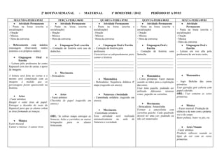 2ª ROTINA SEMANAL                 -   MATERNAL                 1º BIMESTRE / 2012                 PERÍODO 05 A 09/03

    SEGUNDA-FEIRA 05/03                       TERÇA-FEIRA 06/03                    QUARTA-FEIRA 07/03                   QUINTA-FEIRA 08/03                  SEXTA-FEIRA 09/03
         Atividade Permanente                  Atividade Permanente                   Atividade Permanente                  Atividade Permanente                Atividade
- Pauta na lousa (escrita e           - Pauta na lousa (escrita         e    - Pauta na lousa (escrita        e    - Pauta na lousa (escrita e                  Permanente
socialização)                         socialização)                          socialização)                         socialização)                       - Pauta na lousa (escrita e
- Oração                              - Oração                               - Oração                              - Oração                            socialização)
- Música                              - Música                               - Música                              - Música                            - Oração
- Hora da conversa                    - Hora da conversa                     - Hora da conversa                    - Hora da conversa                  - Música
                                                                                                                   -                                   - Hora da conversa
- Relaxamento com música                      Linguagem Oral e escrita                Linguagem Oral e Escrita              Linguagem Oral e                    Linguagem Oral e
(massagem observando ruídos           - Contação de história com uso de      - Contação de história pela                    Escrita                             Escrita
externos e os próprios ruídos).       dedoches.                              professora                            - Contação de história com          - Leitura em voz alta pela
                                      ______________________________         Caracterizar-se adequadamente para    fantoche.                           professora de um texto curto.
         Linguagem       Oral     e   ______________________________         contar a história.                    ___________________________         __________________________
         Escrita                      ______________________________         ______________________________        ___________________________         __________________________
 - Leitura pela professora do conto   ______________________________         ______________________________        ___________________________         __________________________
Rapunzel com uso de cartaz e apoio                                           ______________________________        ___________________________         __________________________
de imagens.                                                                  ______________________________
                                               Movimento
A leitura será feita no cartaz e o    - Brincadeira                                                                          Matemática                        Matemática
mesmo será completado com as          ______________________________                  Matemática                   - Cores primárias: Fazer marcas
imagens à medida que os               ______________________________         - Dobraduras: Sequência didática 4ª   usando as mãos para a exploração    - Jogo: Boliche das cores
personagens forem aparecendo na       ______________________________         etapa (sugestão em anexo).            das cores.                          primárias.
história.                                                                                                          Usar tinta guache, podendo ser      Usar garrafas peti coberta com
                                                                                                                   utilizado   diferentes   texturas   papel colorido.
                                               Artes                                 Natureza e Sociedade          como: papelão ou cartolina.         OBS.: Usar somente as cores
          Artes                                                                                                                                        primárias.
                                      - Fazer artístico                      - Caminhada solidária (sugestão em
- Fazer artístico
                                      Chuvinha de papel (sugestão em         anexo).
Rasgar e colar tiras de papel:
                                      anexo.)                                                                               Movimento
Entregar o desenho do rosto da                                                                                                                                   Música
                                                                                                                   - Brincadeira: Amarelinha
Rapunzel para que os alunos colem                                                                                                                       - Fazer musical: Produção de
                                                                                     Movimento                     Formar a amarelinha com
as tiras formando as tranças.                                                                                                                          silêncio e de sons com a própria
                                                                             - Caminhada solidária                 cartolina guache. Cada quadrado
                                                                                                                   deverá ter uma cor, podendo ou      voz e do corpo.
                                      OBS.: Se sobrar tempo entregar as      Essa atividade será realizada
                                                                                                                   não ser numerados.                  Bater palmas, bater os pés, etc.
                                      bonecas, bolas e carrinhos ou outros   automaticamente     na aula de
        Música
                                      brinquedos     para     os    alunos   Natureza e sociedade.
Fazer musical
                                      brincarem.
Cantar a música: A canoa virou                                                                                                                                  Artes Visuais
                                                                                                                                                       - Fazer artístico
                                                                                                                                                       Produzir rabiscos usando os
                                                                                                                                                       lápis de cor com as cores
                                                                                                                                                       primárias.
 