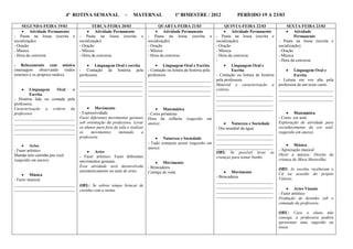 4ª ROTINA SEMANAL              -   MATERNAL                  1º BIMESTRE / 2012                   PERÍODO 19 A 23/03

    SEGUNDA-FEIRA 19/03                   TERÇA-FEIRA 20/03                      QUARTA-FEIRA 21/03                      QUINTA-FEIRA 22/03                  SEXTA-FEIRA 23/03
         Atividade Permanente              Atividade Permanente                     Atividade Permanente                      Atividade Permanente               Atividade
- Pauta na lousa (escrita e       - Pauta na lousa (escrita           e    - Pauta na lousa (escrita            e   - Pauta na lousa (escrita e                  Permanente
socialização)                     socialização)                            socialização)                            socialização)                       - Pauta na lousa (escrita e
- Oração                          - Oração                                 - Oração                                 - Oração                            socialização)
- Música                          - Música                                 - Música                                 - Música                            - Oração
- Hora da conversa                - Hora da conversa                       - Hora da conversa                       - Hora da conversa                  - Música
                                                                                                                    -                                   - Hora da conversa
- Relaxamento com música                   Linguagem Oral e escrita                 Linguagem Oral e Escrita                  Linguagem Oral e
(massagem observando ruídos       - Contação de história pela              - Contação ou leitura de história pela             Escrita                            Linguagem Oral e
externos e os próprios ruídos).   professora.                              professora.                              - Contação ou leitura de história            Escrita
                                  ______________________________           ______________________________           pela professora.                    - Leitura em voz alta pela
                                  ______________________________           ______________________________           Material e caracterização a         professora de um texto curto.
         Linguagem    Oral    e   ______________________________           ______________________________           critério.                           __________________________
         Escrita                  ______________________________           ______________________________           ___________________________         __________________________
- História lida ou contada pela                                                                                     ___________________________         __________________________
professora.                                                                                                         ___________________________
Caracterização a critério da               Movimento                                Matemática                      ___________________________
professora                        - Expressividade                         - Cores primárias                                                                     Matemática
_____________________________     Fazer diferentes movimentos gestuais     Hora da colheita (sugestão         em                                        - Cores: cor azul.
_____________________________     sob orientação da professora. Levar      anexo).                                           Natureza e Sociedade       Exploração de atividade para
_____________________________     os alunos para fora da sala e realizar                                            - Dia mundial da água.              reconhecimento da cor azul.
_____________________________     os     movimentos      imitando      a                                            ___________________________         (sugestão em anexo).
                                  professora.                                      Natureza e Sociedade             ___________________________
                                                                           - Tudo começou assim (sugestão em        ___________________________
         Artes                                                                                                                                                   Música
                                                                           anexo).                                  ___________________________
- Fazer artístico                         Artes                                                                                                         - Apreciação musical
                                                                                                                    OBS: Se possível levar as
Mamãe tem cartinha pra você       - Fazer artístico: Fazer diferentes                                                                                   Ouvir a música: Direito da
                                                                                                                    crianças para tomar banho
(sugestão em anexo).              movimentos gestuais.                                                                                                  criança de Mara Maravilha.
                                                                                    Movimento
                                  Essa atividade será desenvolvida         - Brincadeira
                                  automaticamente na aula de artes.                                                                                     OBS: As escolas receberam o
                                                                           Cantiga de roda.                                  Movimento                  Cd na ocasião do projeto
         Música                                                                                                     - Brincadeira
- Fazer musical                                                                                                                                         Valores.
                                                                                                                    ___________________________
_____________________________     OBS.: Se sobrar tempo brincar de                                                  ___________________________
_____________________________     casinha com a turma.                                                                                                           Artes Visuais
                                                                                                                    ___________________________
                                                                                                                                                        - Fazer artístico
                                                                                                                    ___________________________
                                                                                                                                                        Produção de desenho sob o
                                                                                                                                                        comando da professora.

                                                                                                                                                        OBS.: Caso o aluno não
                                                                                                                                                        consiga, a professora poderá
                                                                                                                                                        apresentar uma sugestão na
                                                                                                                                                        lousa.
 