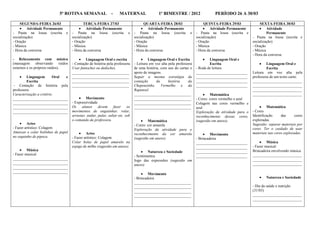 5ª ROTINA SEMANAL                 -     MATERNAL                 1º BIMESTRE / 2012                 PERÍODO 26 A 30/03

    SEGUNDA-FEIRA 26/03                     TERÇA-FEIRA 27/03                       QUARTA-FEIRA 28/03                     QUINTA-FEIRA 29/03               SEXTA-FEIRA 30/03
         Atividade Permanente                Atividade Permanente                      Atividade Permanente                    Atividade Permanente             Atividade
- Pauta na lousa (escrita e         - Pauta na lousa (escrita            e    - Pauta na lousa (escrita          e    - Pauta na lousa (escrita e               Permanente
socialização)                       socialização)                             socialização)                           socialização)                    - Pauta na lousa (escrita e
- Oração                            - Oração                                  - Oração                                - Oração                         socialização)
- Música                            - Música                                  - Música                                - Música                         - Oração
- Hora da conversa                  - Hora da conversa                        - Hora da conversa                      - Hora da conversa               - Música
                                                                                                                                                       - Hora da conversa
- Relaxamento com música                    Linguagem Oral e escrita                   Linguagem Oral e Escrita               Linguagem Oral e
(massagem observando ruídos         - Contação de história pela professora    - Leitura em voz alta pela professora           Escrita                           Linguagem Oral e
externos e os próprios ruídos).     Usar fantoches ou dedoches.               de uma história, com uso do cartaz e    - Roda de leitura                         Escrita
                                    ______________________________            apoio de imagens.                       ___________________________      Leitura em voz alta pela
         Linguagem       Oral e     ______________________________            Seguir a mesma estratégia da            ___________________________      professora de um texto curto.
         Escrita                    ______________________________            contação      da      história     da   ___________________________      __________________________
 - Contação de história pela        ______________________________            Chapeuzinho. Vermelho e da              ___________________________      __________________________
professora                                                                    Rapunzel.                                                                __________________________
Caracterização a critério.                                                    ______________________________                   Matemática              __________________________
_____________________________                Movimento                        ______________________________          - Cores: cores vermelho e azul
_____________________________       - Expressividade                          ______________________________          Colagem nas cores vermelho e
_____________________________       Os    alunos     devem      fazer    os   ______________________________          azul                                       Matemática
_____________________________       movimentos de engatinhar, rolar,                                                  Exploração da atividade para o   - Cores
                                    arrastar, andar, pular, saltar etc. sob                                           reconhecimento dessas cores.     Identificação     das      cores
                                    o comando da professora.                           Matemática                     (sugestão em anexo).             exploradas
         Artes                                                                - Cores: cor amarela                                                     Sugestão: separar materiais por
- Fazer artístico: Colagem                                                    Exploração da atividade para o                                           cores. Ter o cuidado de usar
Amassar e colar bolinhas de papel            Artes                            reconhecimento da cor amarela                                            materiais nas cores exploradas.
                                                                                                                               Movimento
no saquinho de pipoca.              - Fazer artístico: Colagem                (sugestão em anexo).                    - Brincadeira
                                    Colar bolas de papel amarelo na                                                   ___________________________               Música
                                    espiga de milho (sugestão em anexo).                                              ___________________________      - Fazer musical
         Música                                                                       Natureza e Sociedade            ___________________________      Brincadeira envolvendo música.
- Fazer musical                                                               - Sentimentos                           ___________________________      __________________________
_____________________________                                                 Jogo das expressões (sugestão em                                         __________________________
_____________________________                                                 anexo)                                                                   __________________________
_____________________________
_____________________________
                                                                                       Movimento
                                                                              - Brincadeira                                                                    Natureza e Sociedade
                                                                              ______________________________
                                                                              ______________________________                                           - Dia da saúde e nutrição
                                                                              ______________________________                                           (31/03)
                                                                              ______________________________                                           __________________________
                                                                                                                                                       __________________________
 